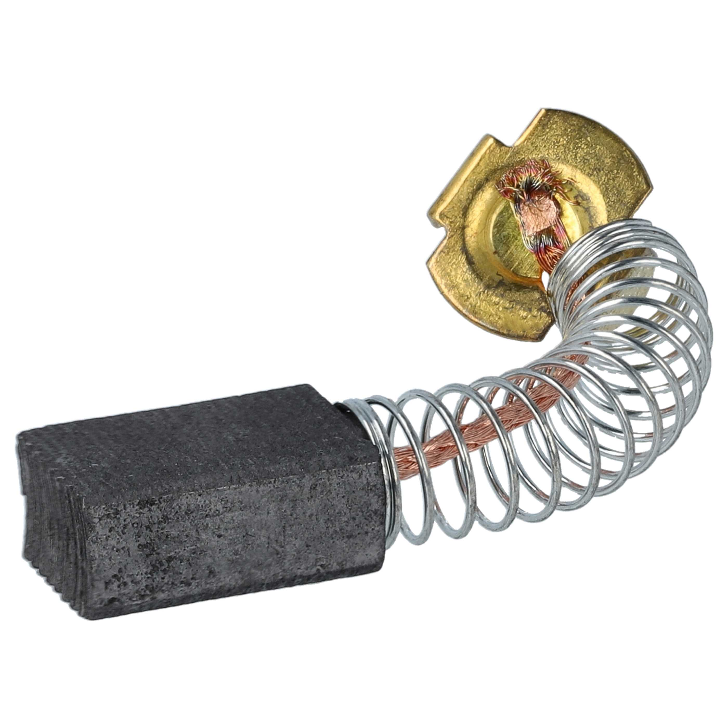 Ein Kohlebürsten-Set mit Feder und Metallverbinder. Die Bürste ist dunkelgrau, die Feder silber und der Verbinder goldfarben.