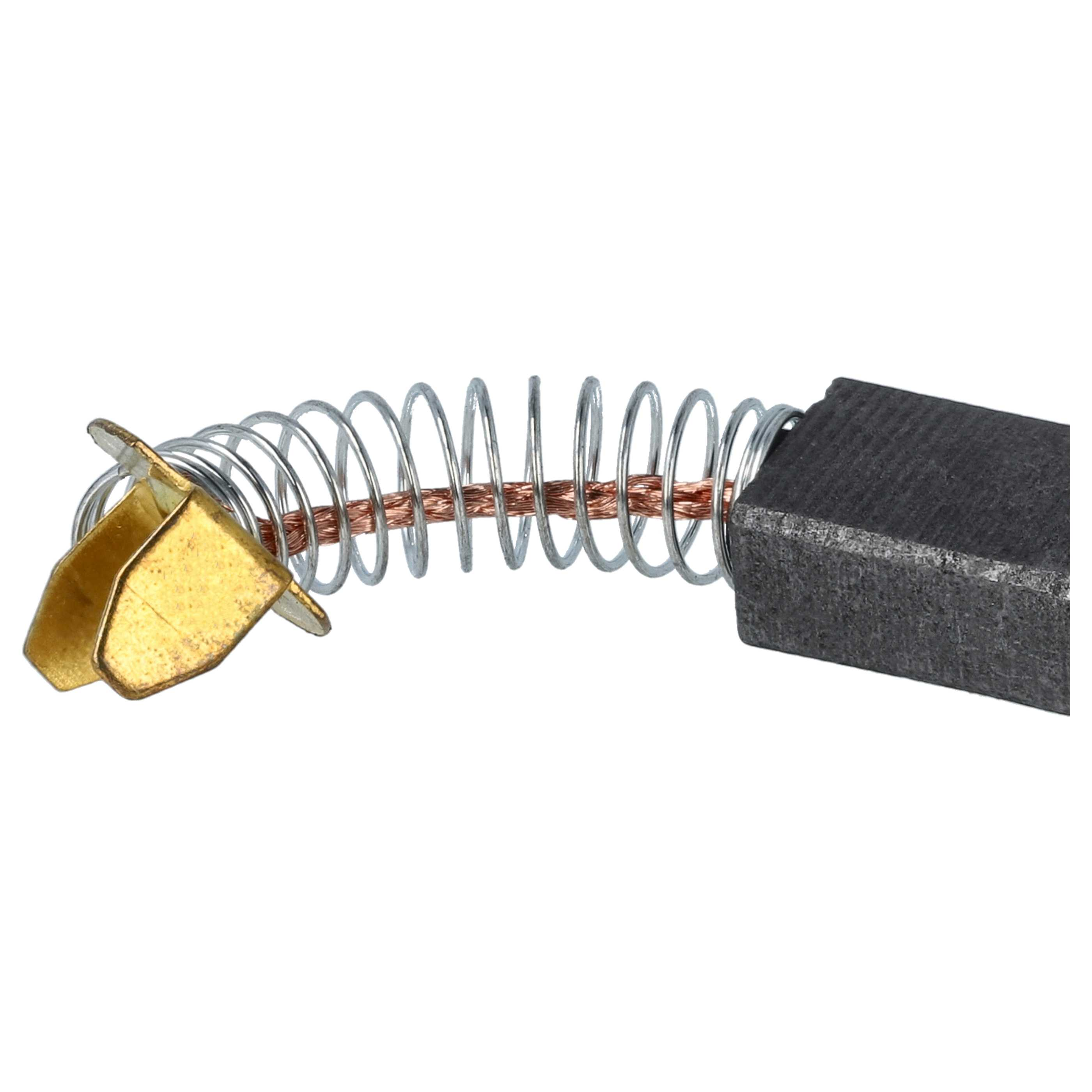 Nahaufnahme einer Kohlebürste mit Feder, Kupferdraht und einem goldfarbenen Stecker auf weißem Hintergrund.