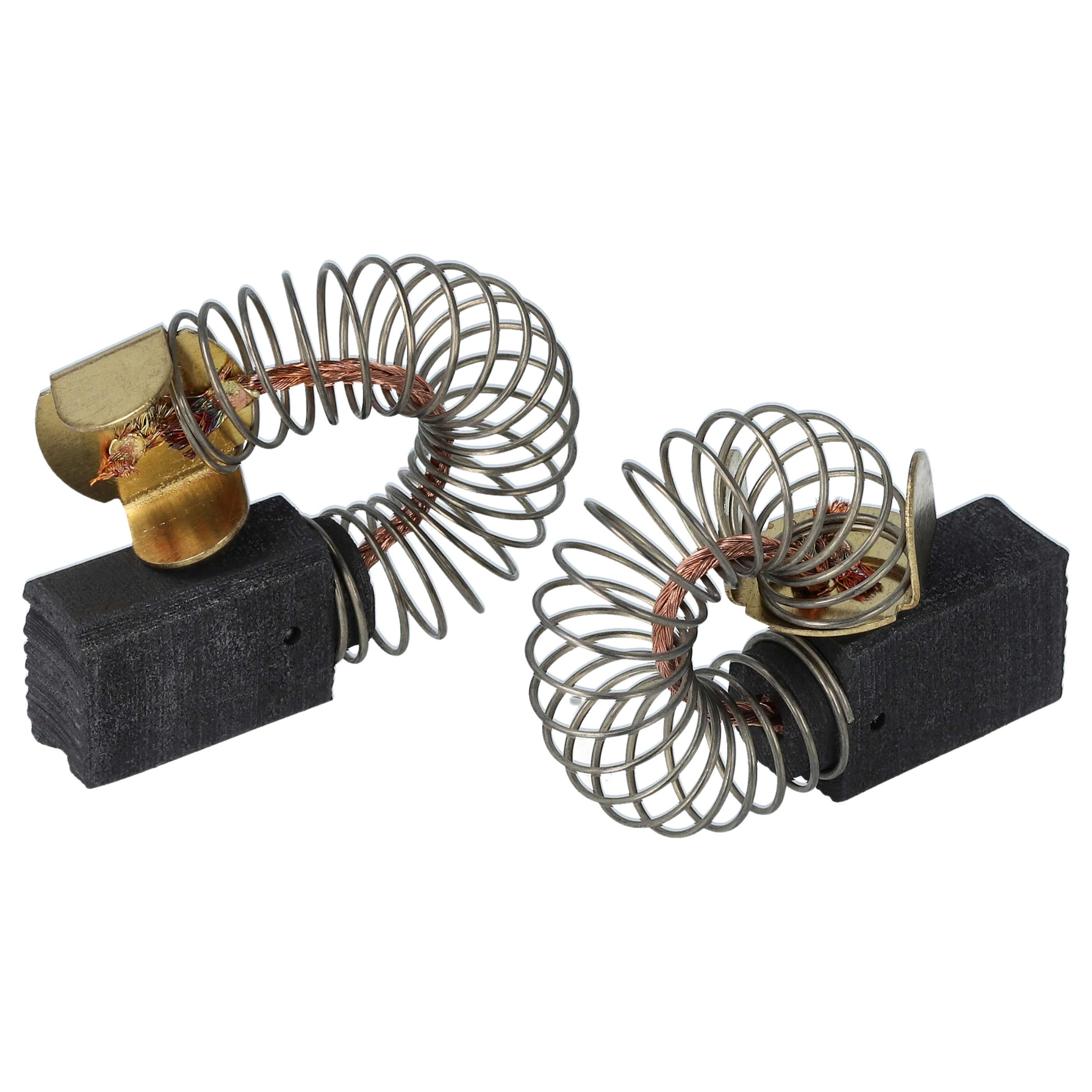 Zwei metallische Motorbürsten. Jede hat einen schwarzen, rechteckigen Block, eine Kupferspiralfeder und ein Messingkontaktelement.