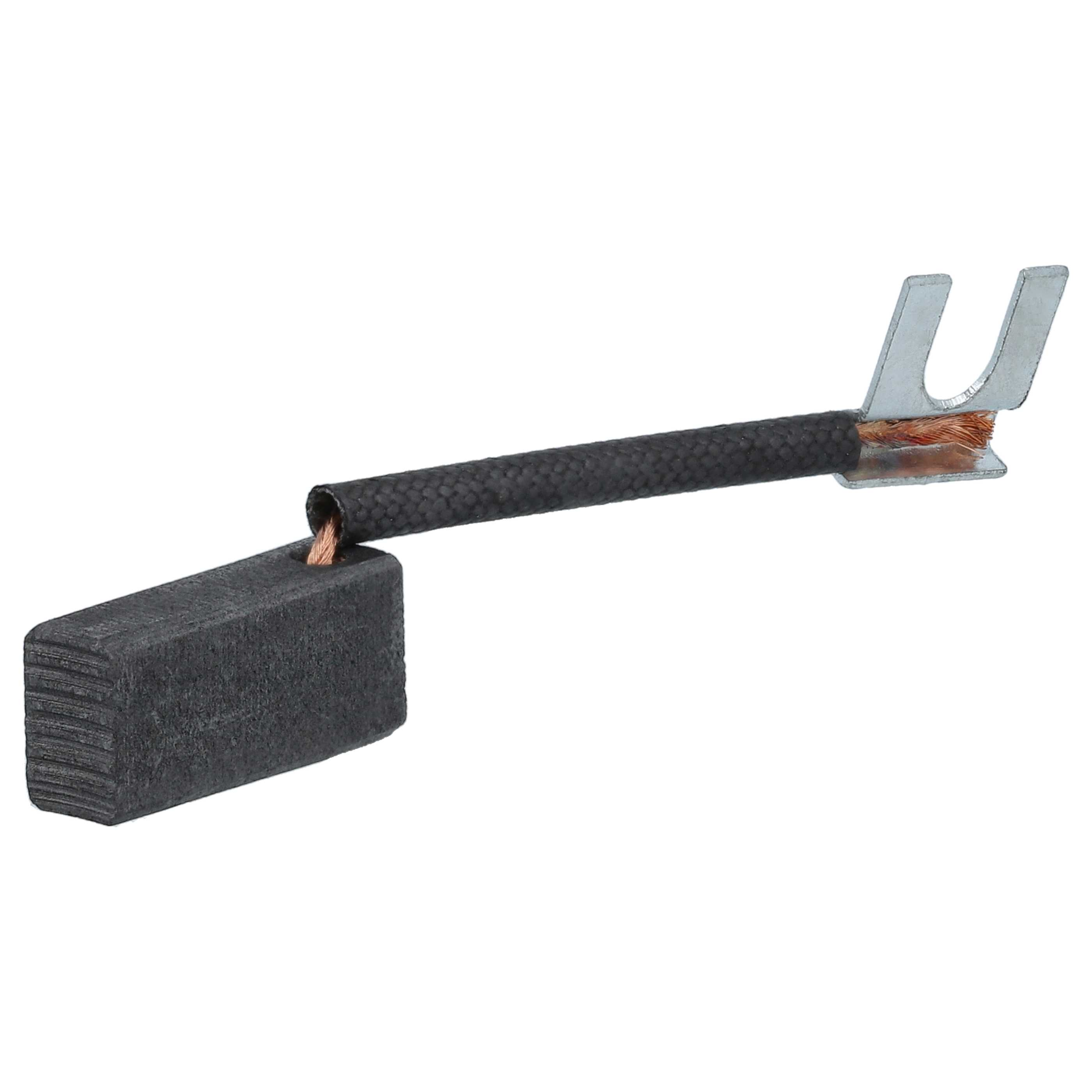 Ein Kohlebürste mit U-förmigem Metallverbinder. Die Bürste ist schwarz und mit einem schwarzen Kabel verbunden. Weißer Hintergrund.