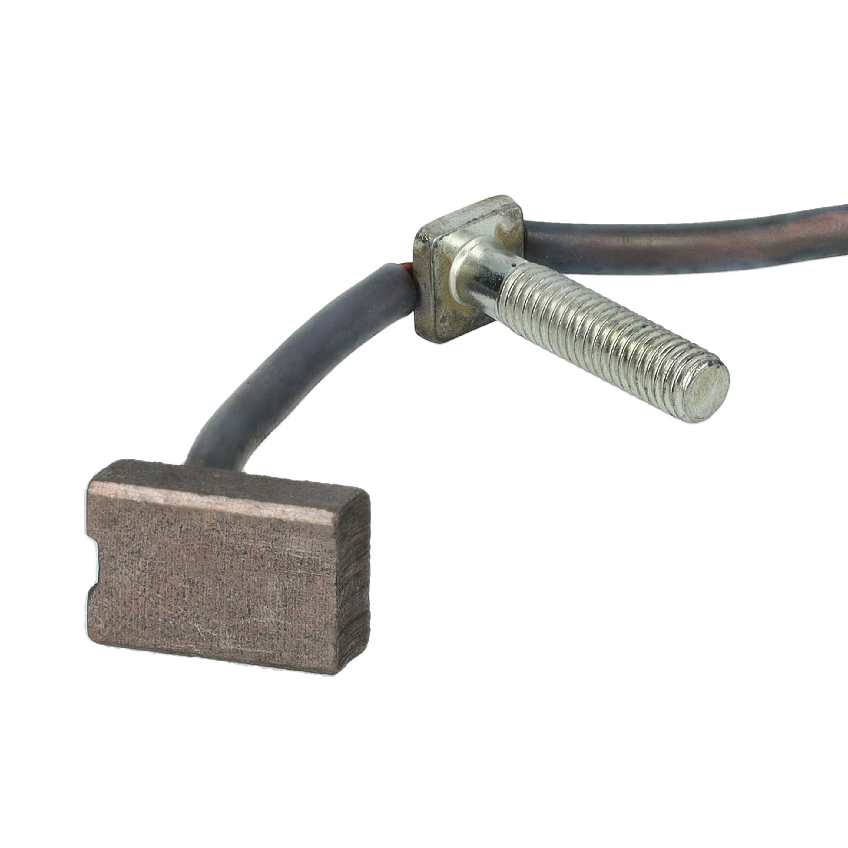 Eine elektrische Komponente mit einer Metallschraube, einem dunklen Draht und einem rechteckigen, braunen Kohlebürsten auf weißem Hintergrund.