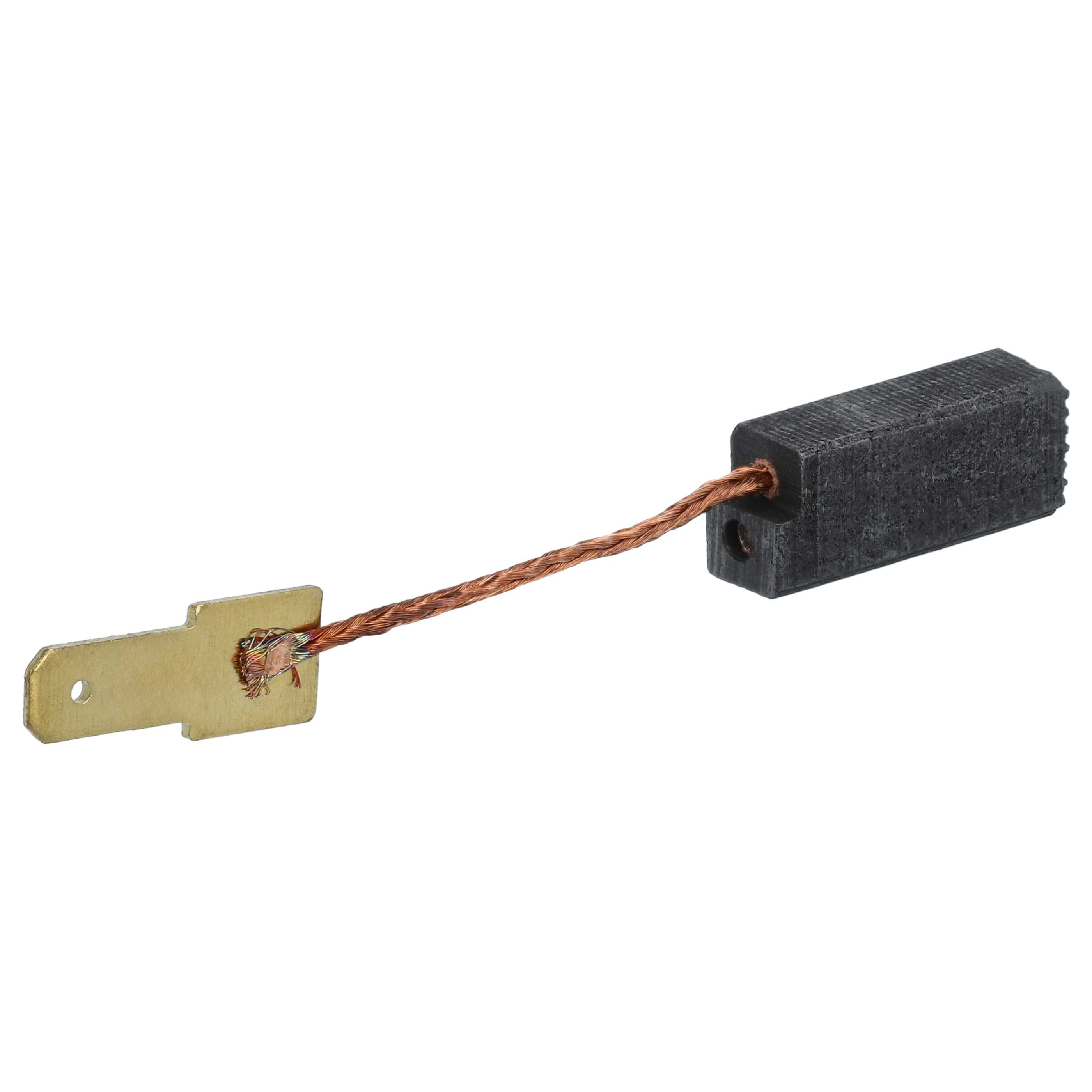 Ein Kohlebürsten für einen Motor. Es hat einen rechteckigen schwarzen Kopf, Kupferdraht und eine goldene Metallplatte.