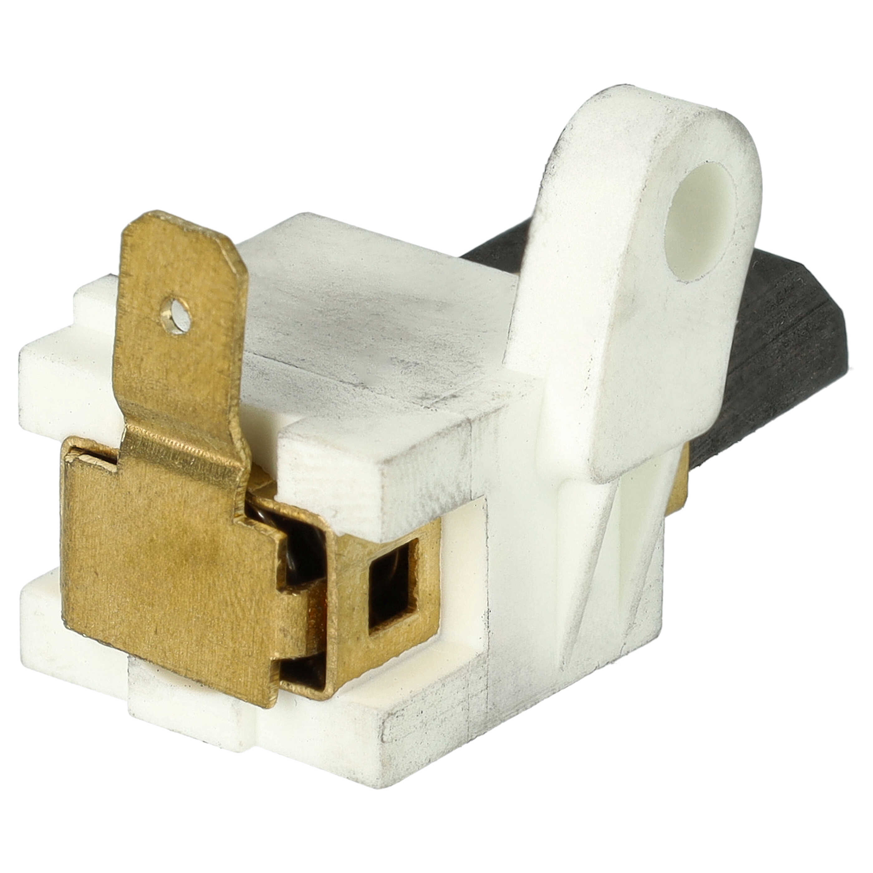 Nahaufnahme einer elektrischen Komponente. Es hat weiße und goldene Teile. Ein schwarzes Stück ist an der rechten Seite befestigt.