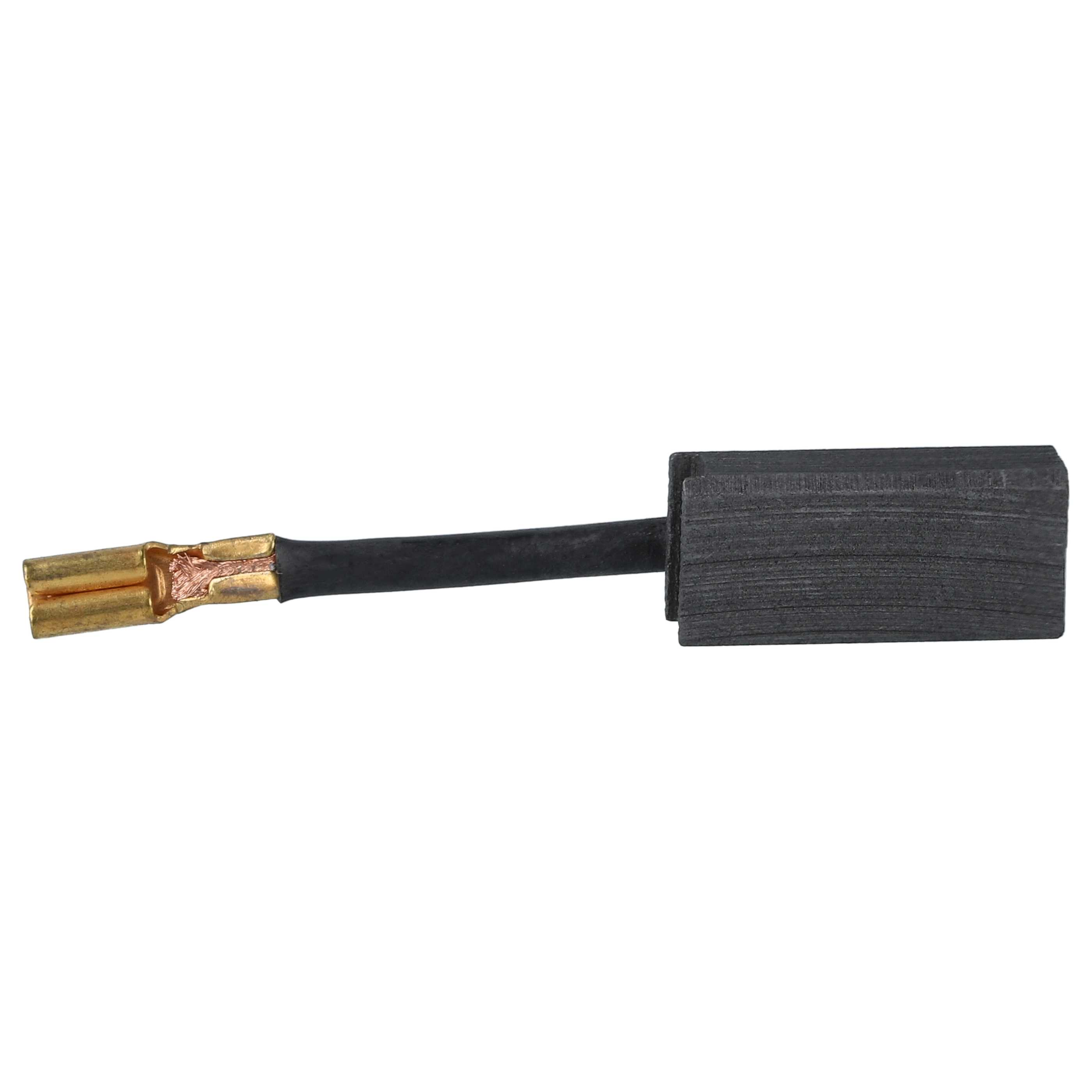 Ein Kohlebürste für einen Elektromotor. Es hat einen Kupferverbinder, einen schwarzen Draht und einen rechteckigen Kohleblock.