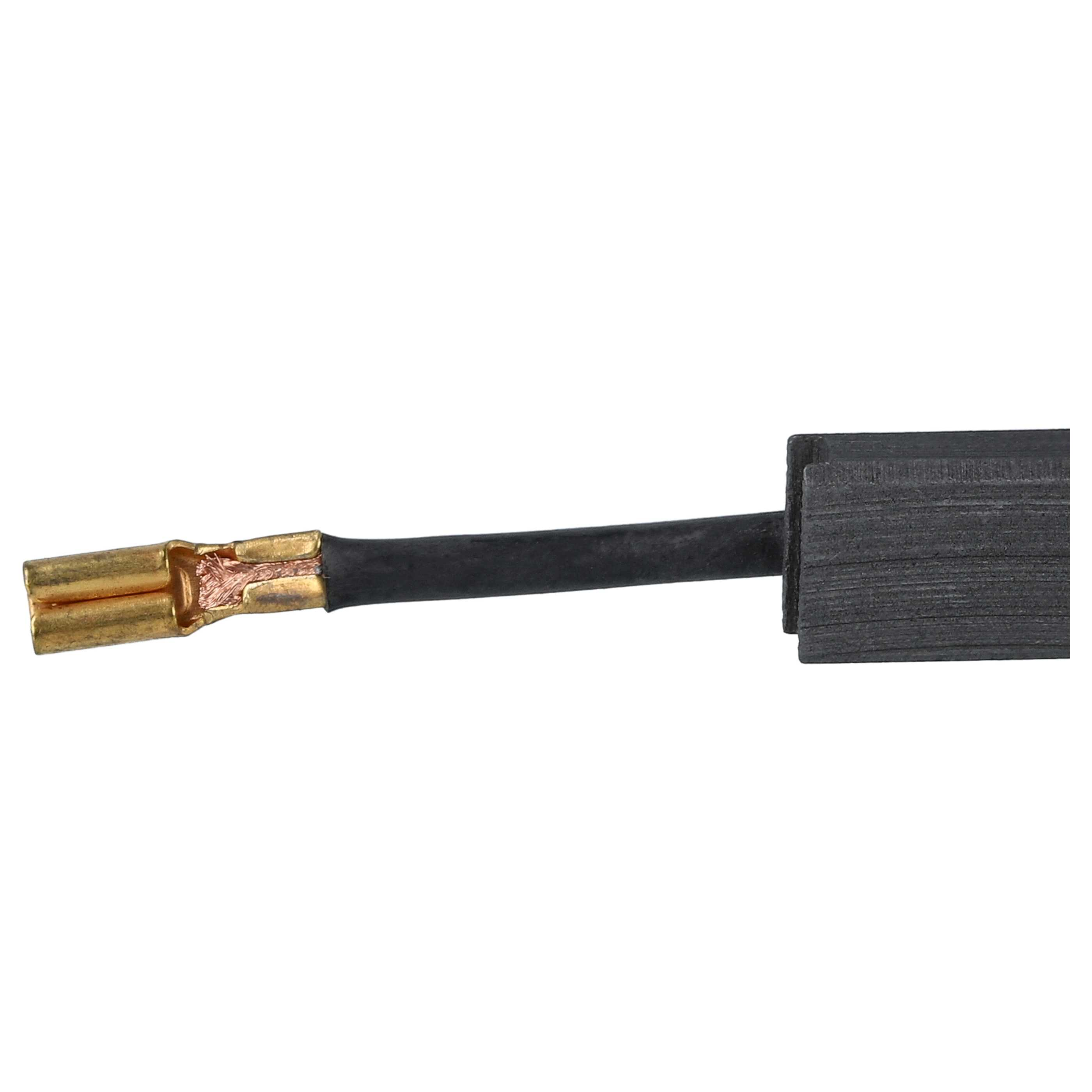 Nahaufnahme einer elektrischen Komponente. Sie hat einen goldfarbenen Stecker, ein schwarzes Kabel und einen dunkelgrauen Block.