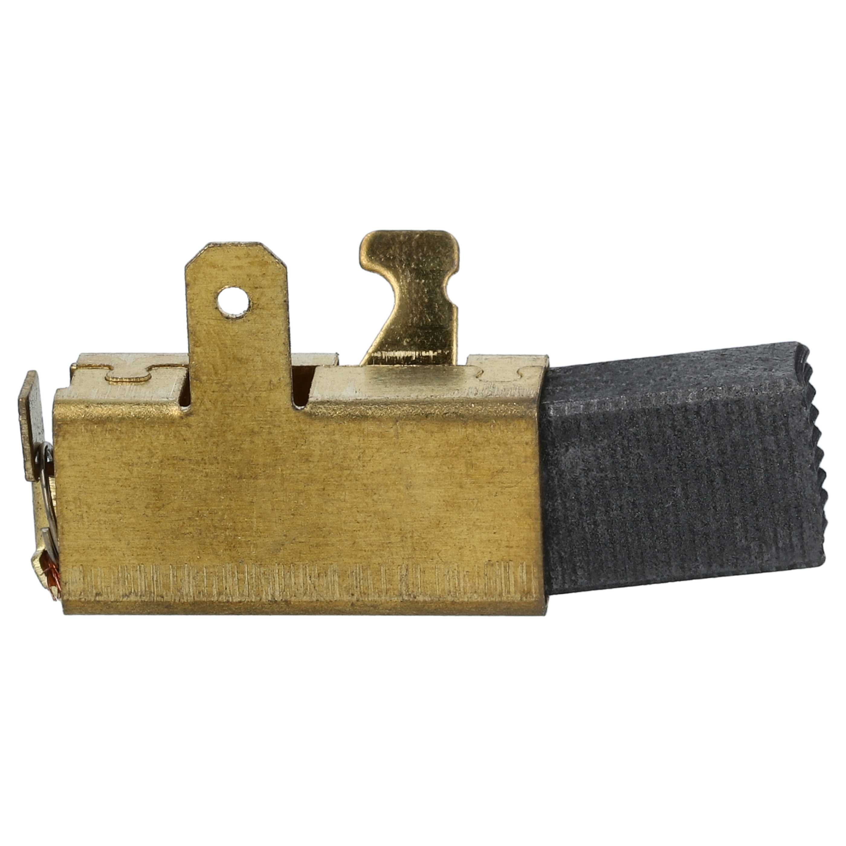 Ein metallischer Bürstenhalter mit einer schwarzen Kohlebürste. Der Halter ist goldfarben mit einem silbernen Stecker.