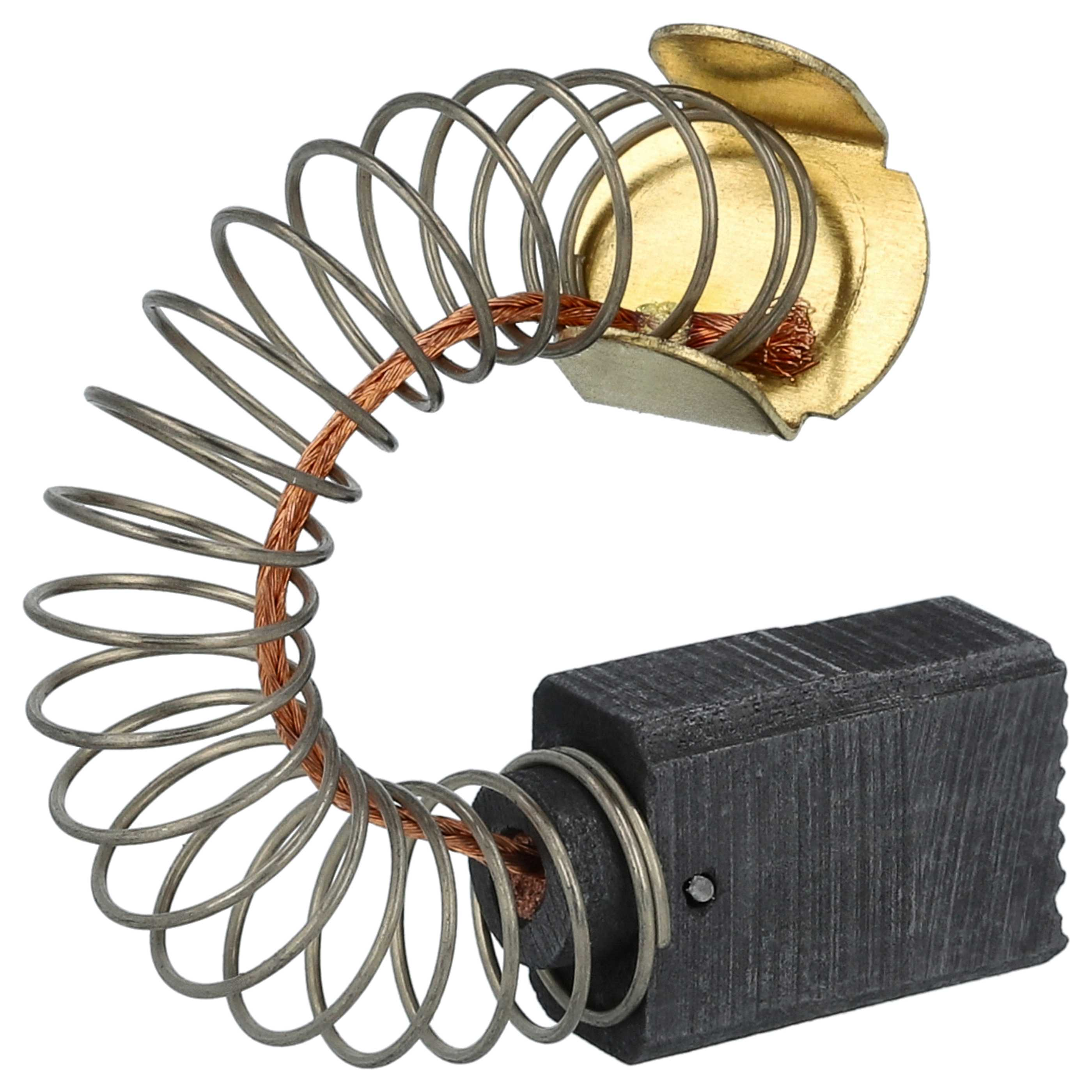 Eine elektrische Komponente mit einer Spiralfeder, einem Messingkontakt und einem rechteckigen Kohlebürsten auf weißem Hintergrund.