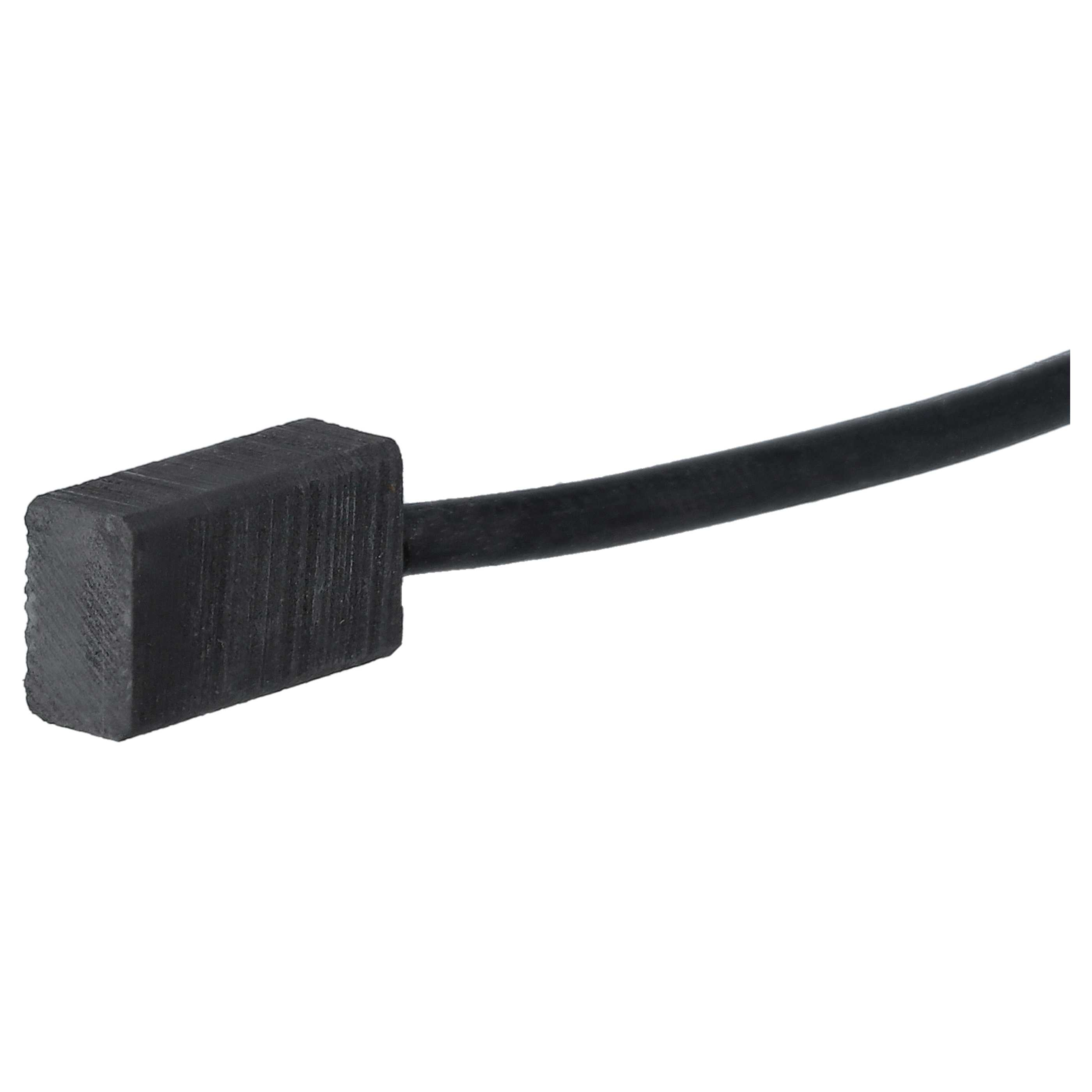 Ein schwarzes rechteckiges Objekt ist mit einem schwarzen Kabel verbunden, vor weißem Hintergrund.