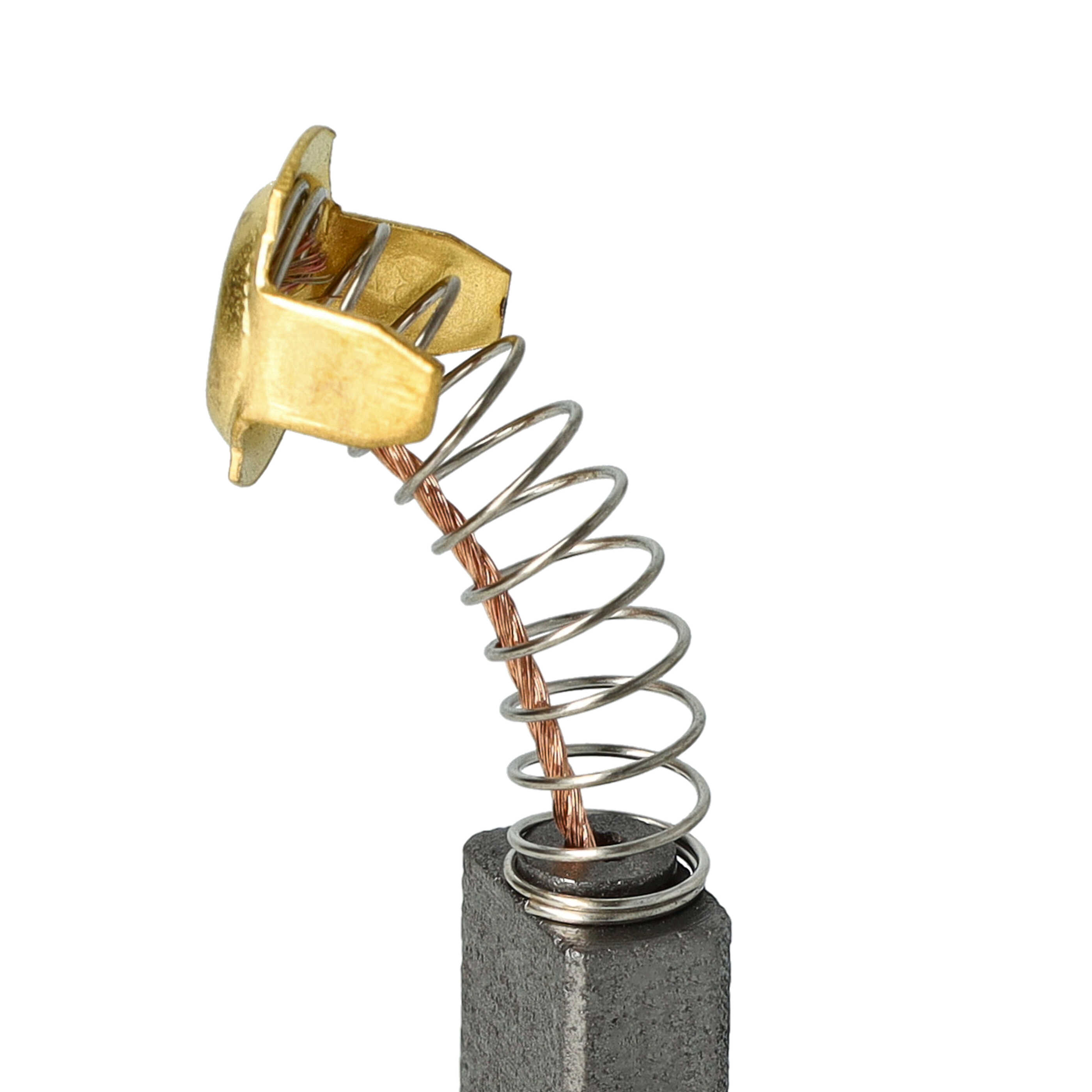 Ein Maschinenteil, bestehend aus einem goldfarbenen Metallstück, einer silbernen Feder und einer dunkelgrauen Basis auf weißem Hintergrund.