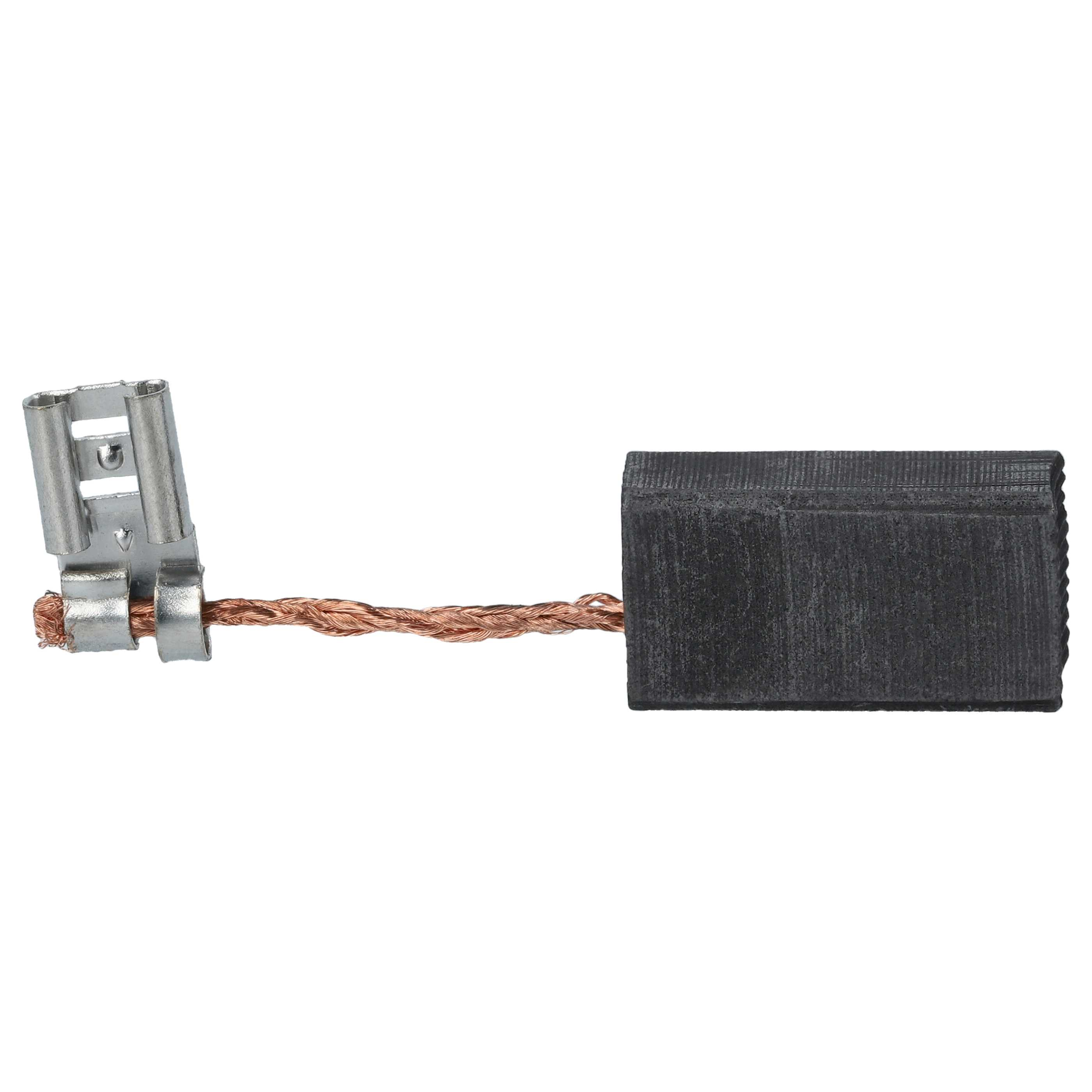 Ein Kohlebürste für einen Elektromotor. Sie hat einen rechteckigen schwarzen Block und einen Kupferdraht mit Metallanschluss.