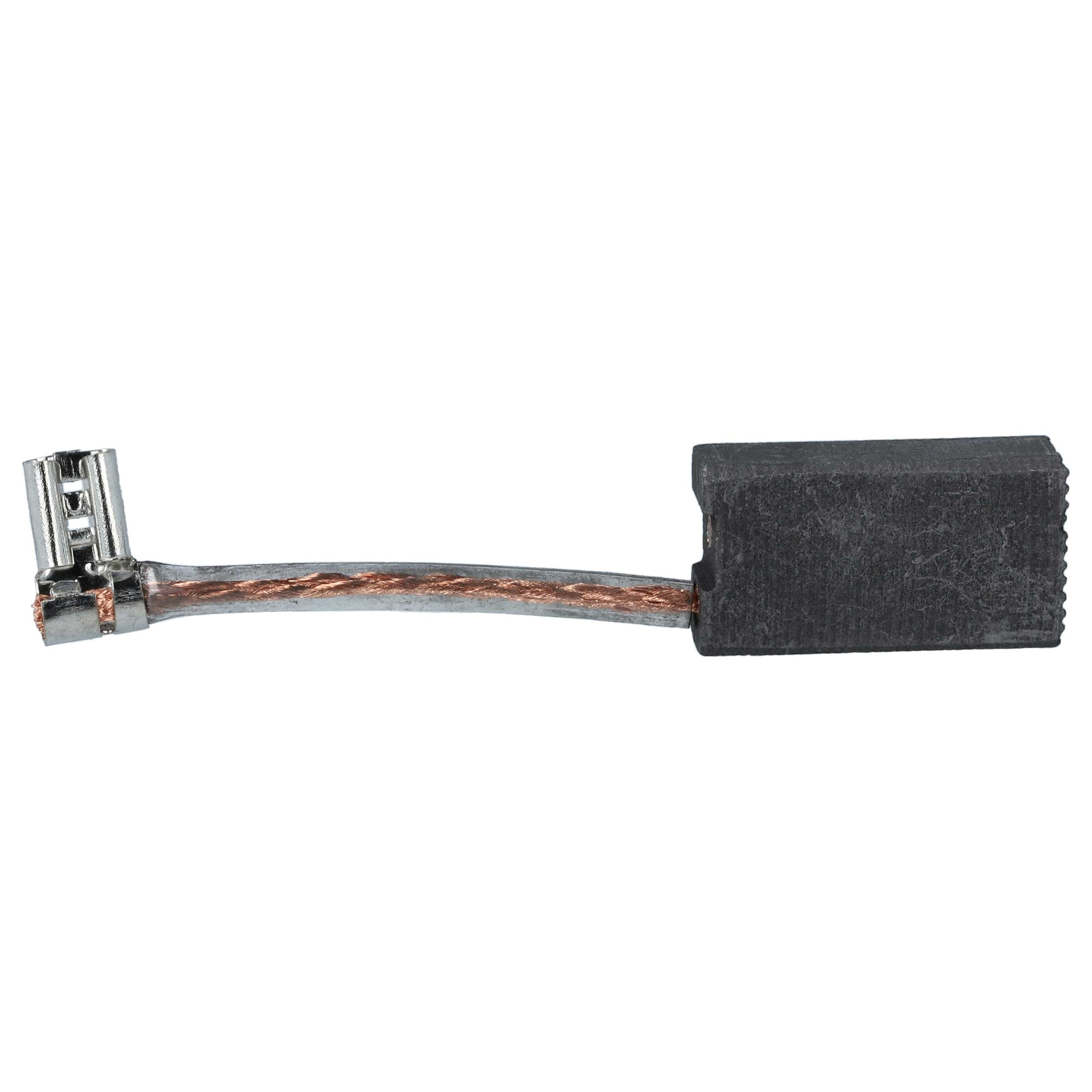 Ein Kohlebürste für einen Elektromotor. Sie hat einen rechteckigen Block und einen Metallverbinder mit Draht.