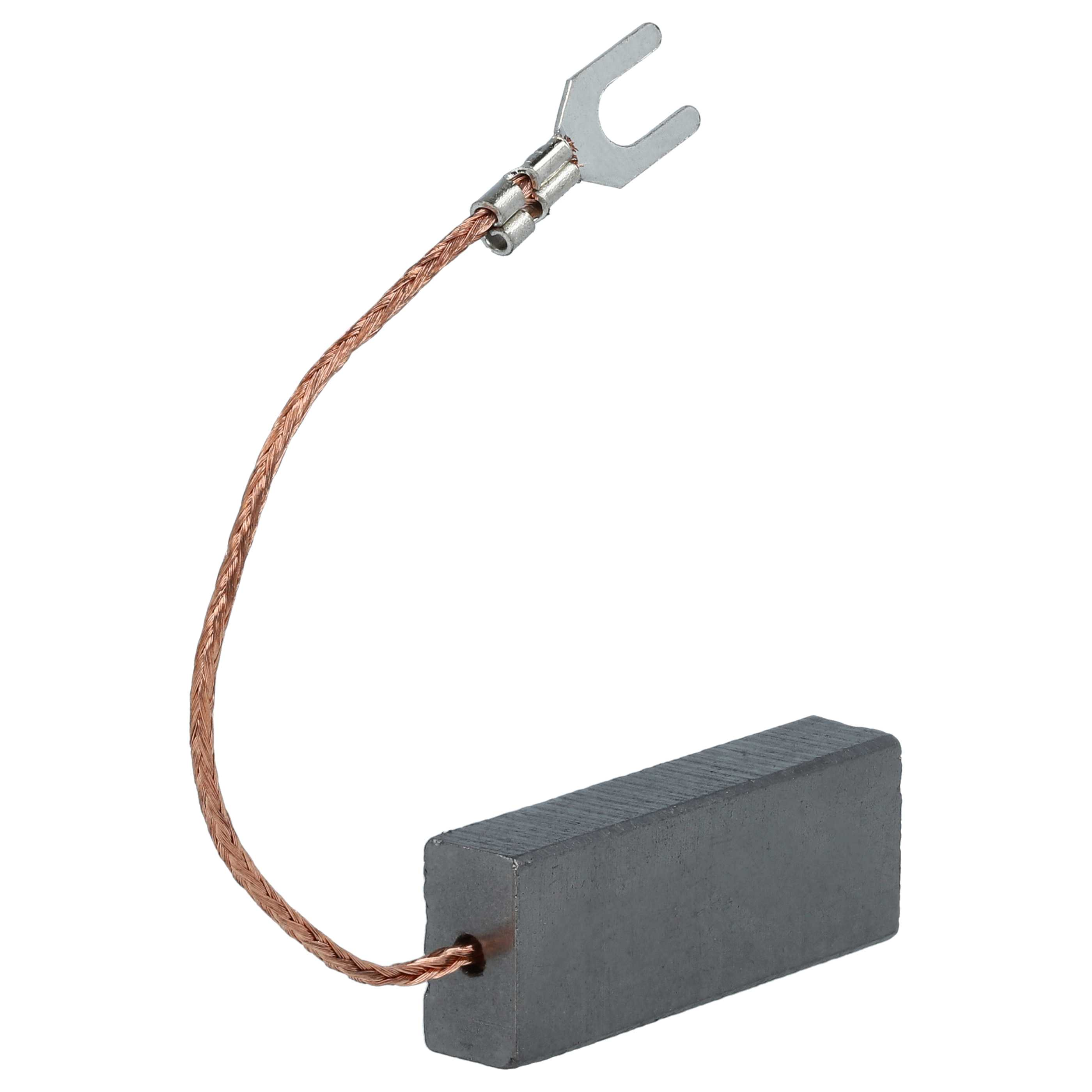 Ein rechteckiger Kohlebürsten mit einem Kupfergeflecht, Draht und einem Metallverbinder, isoliert auf weißem Hintergrund.