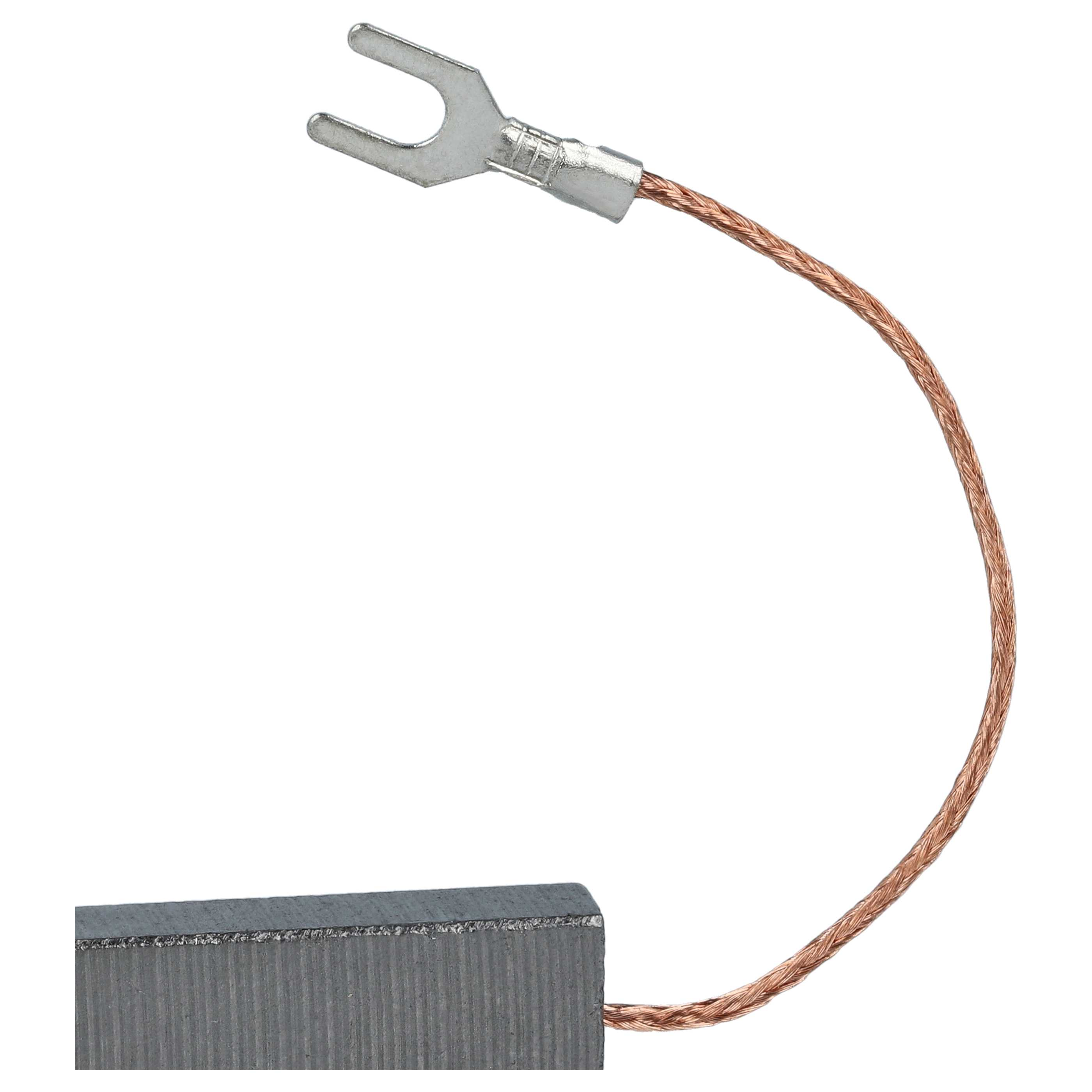 Ein metallisches elektrisches Bauteil mit einem geflochtenen Kupferdraht und einem rechteckigen Kohleblock auf weißem Grund.
