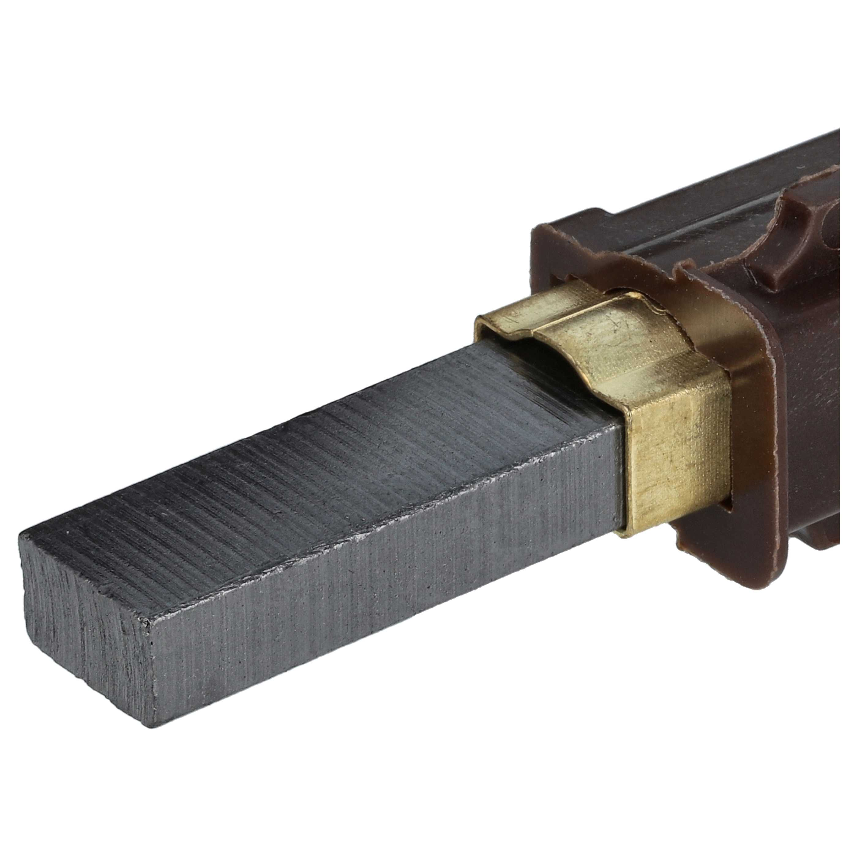 Nahaufnahme einer Motorbürste. Die Bürste ist dunkelgrau, rechteckig, mit einem Gehäuse aus Bronze und braunem Kunststoff.