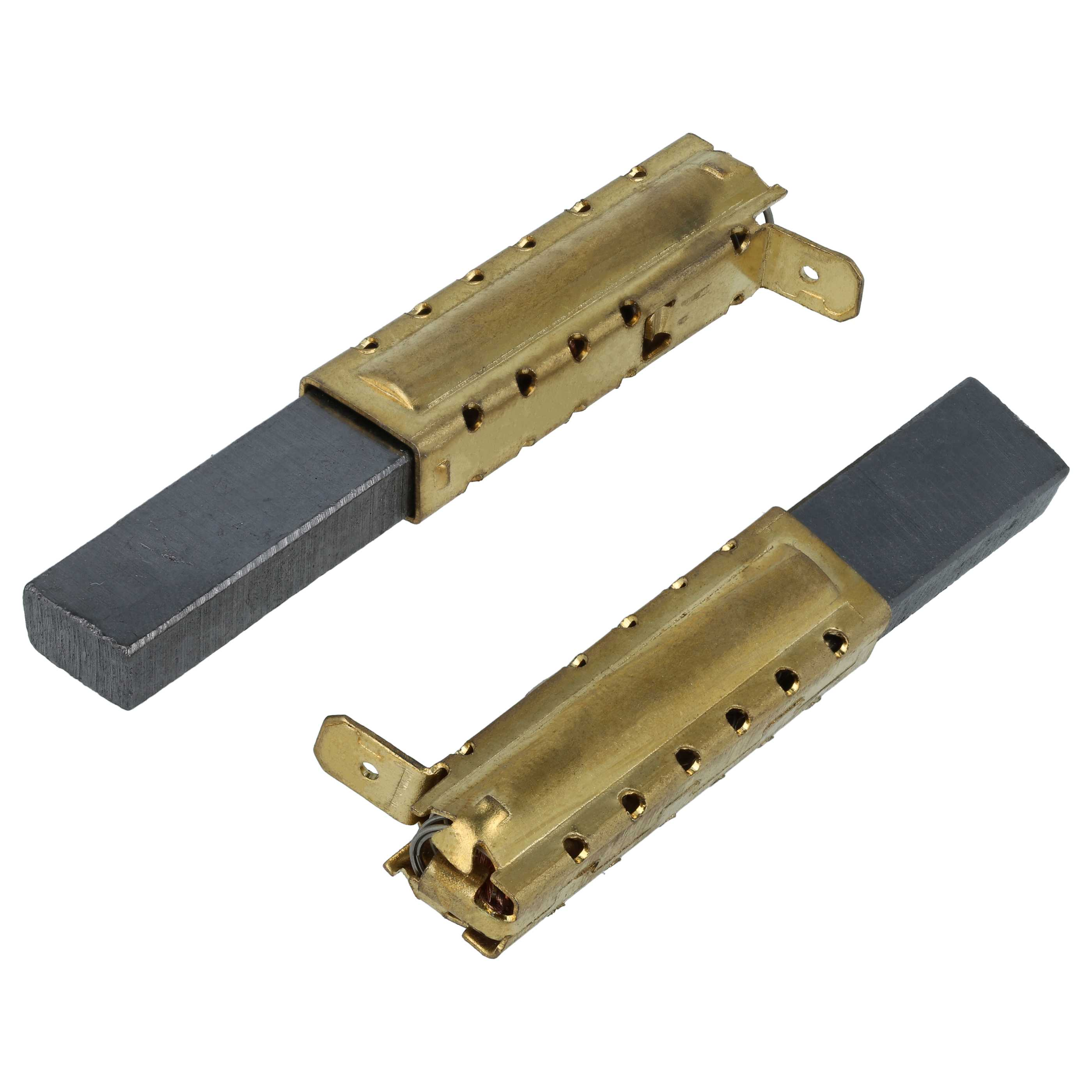Zwei elektrische Kohlebürsten. Jede hat einen rechteckigen, dunkelgrauen Kohleblock und einen goldenen Metallhalter mit Löchern.