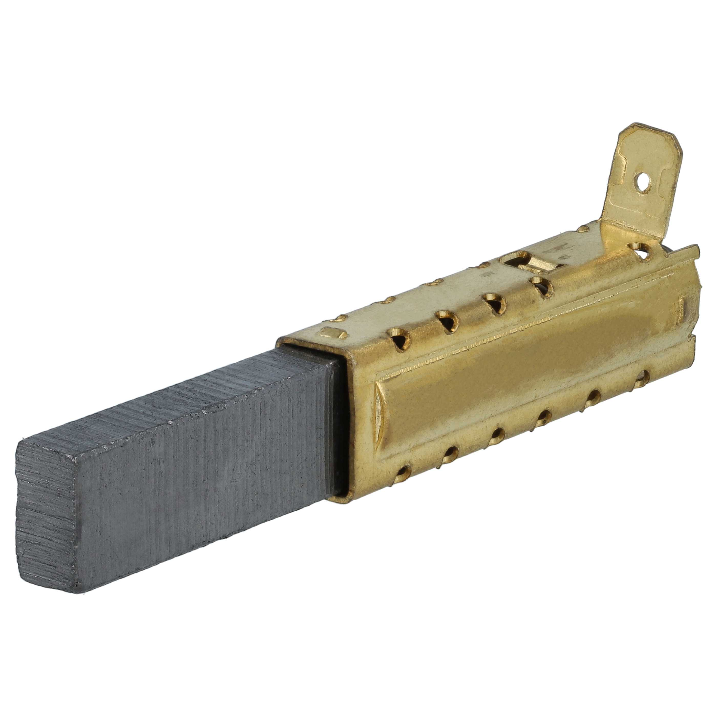 Ein Kohlebürste für einen Elektromotor. Sie hat einen dunkelgrauen rechteckigen Kohleblock und ein goldfarbenes Metallgehäuse.
