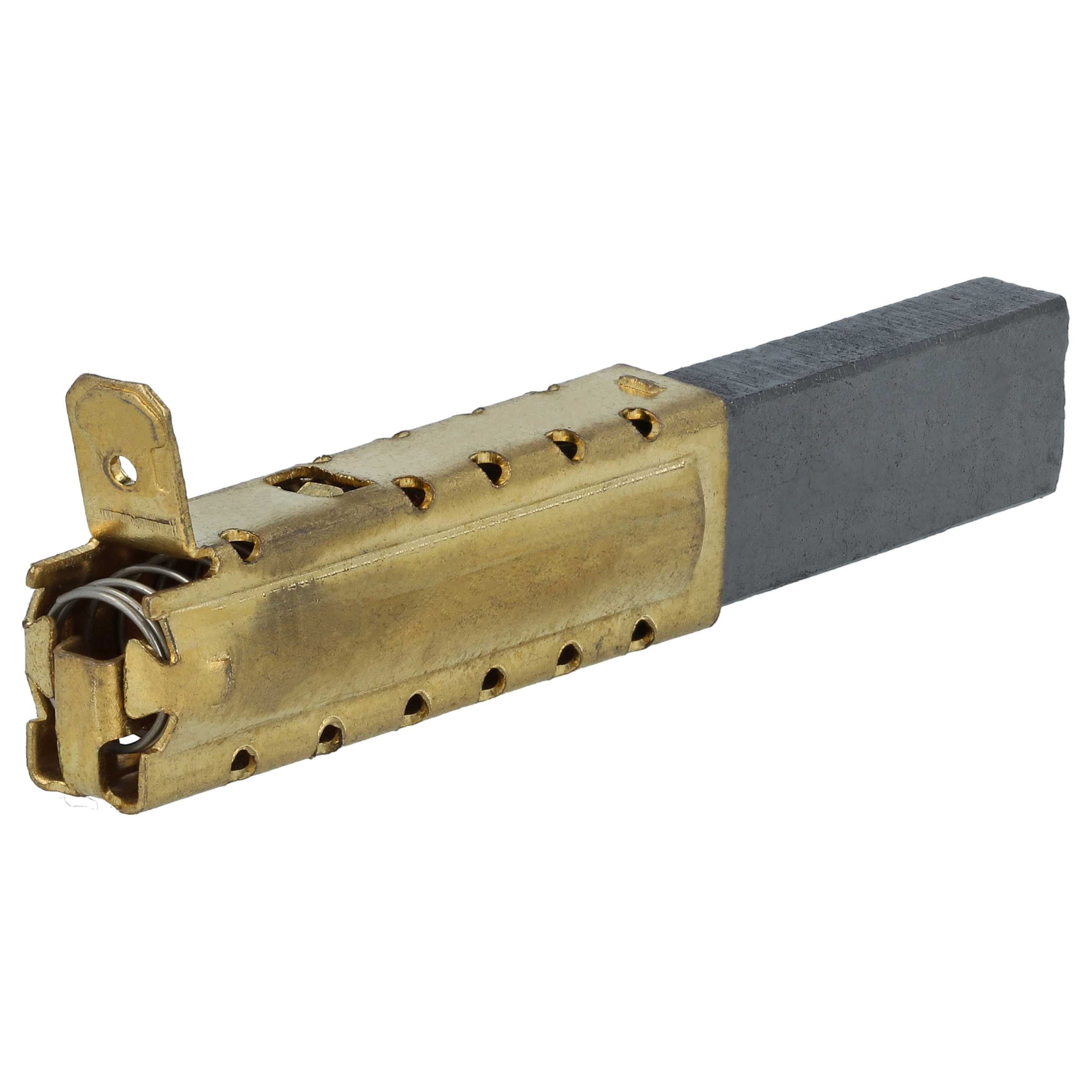 Eine metallische Kohlebürste mit Messinggehäuse und einem grauen Kohleblock, vor weißem Hintergrund.