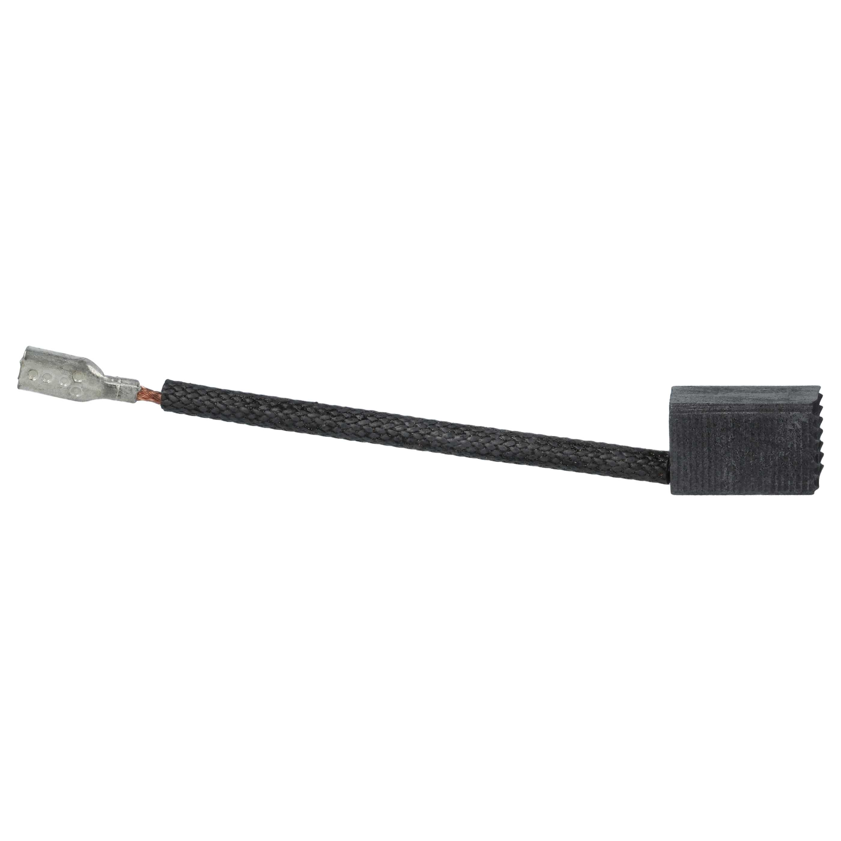 Eine Kohlebürstenbaugruppe. Sie hat einen Metallverbinder, ein schwarzes geflochtenes Kabel und einen rechteckigen Kohleblock.