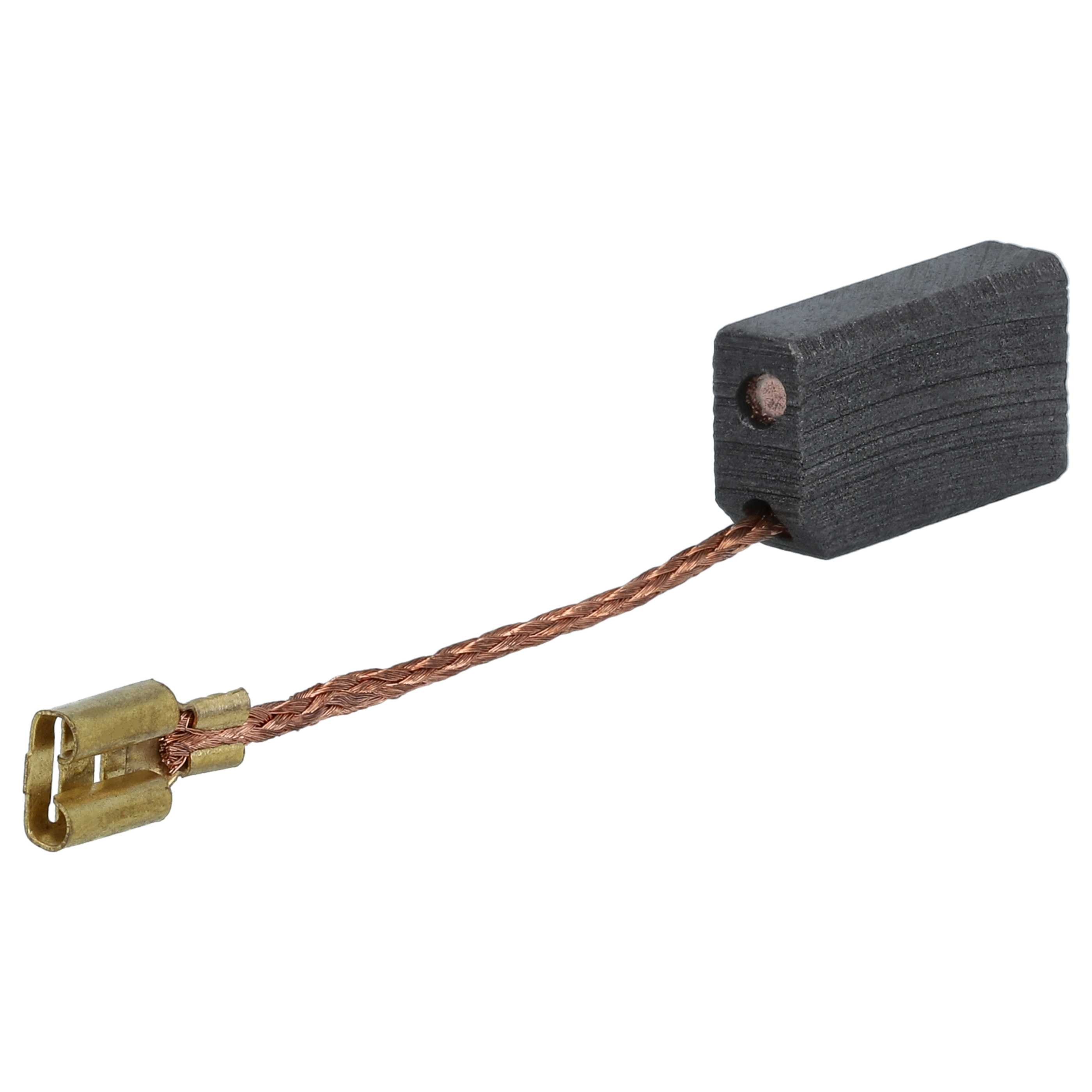 Ein Kohlebürste mit Kupferdraht und Messingstecker vor weißem Hintergrund.