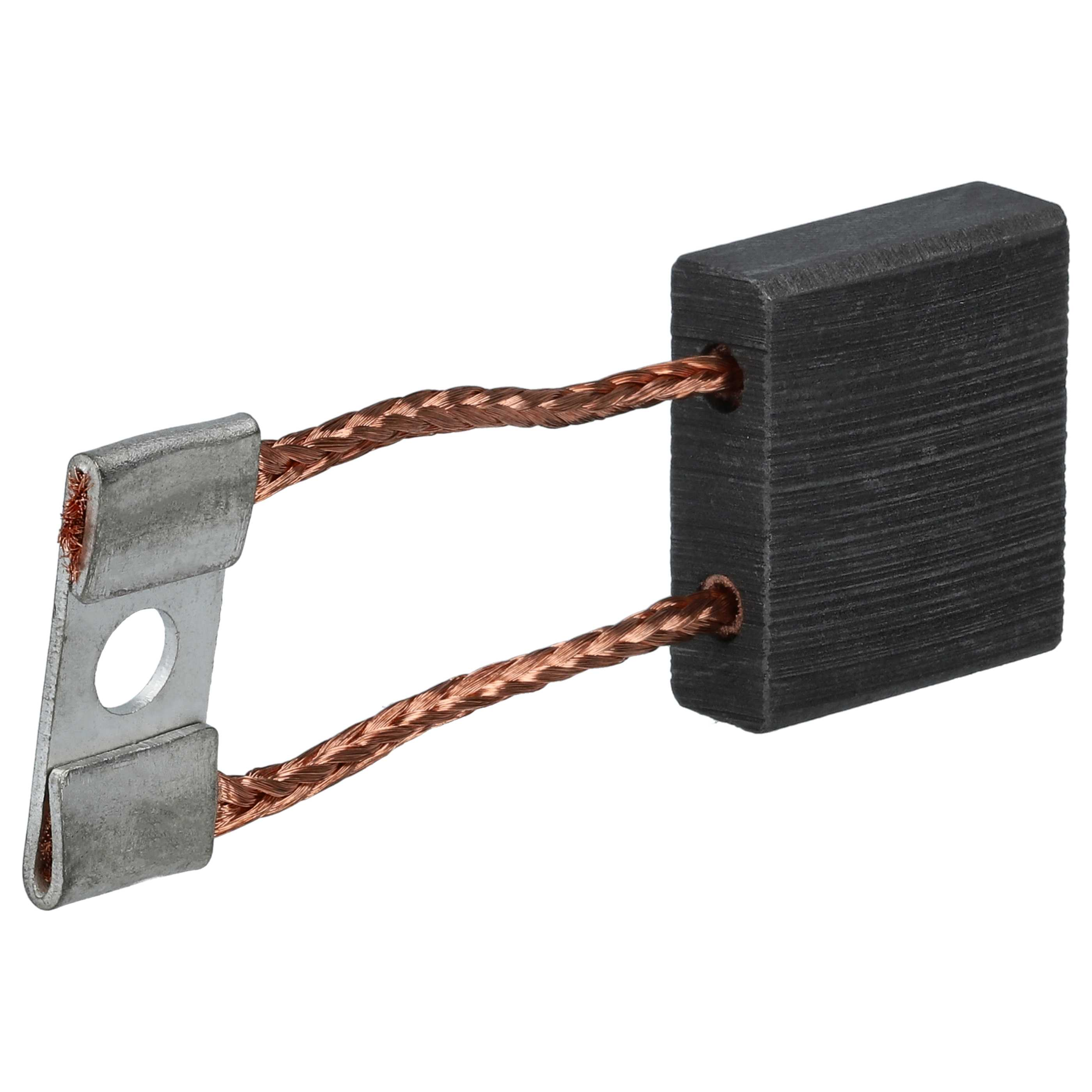 Ein Kohlebürste mit Kupferdrähten und einer Metallhalterung. Die Bürste ist schwarz, die Drähte sind kupferfarben, die Halterung ist silberfarben.