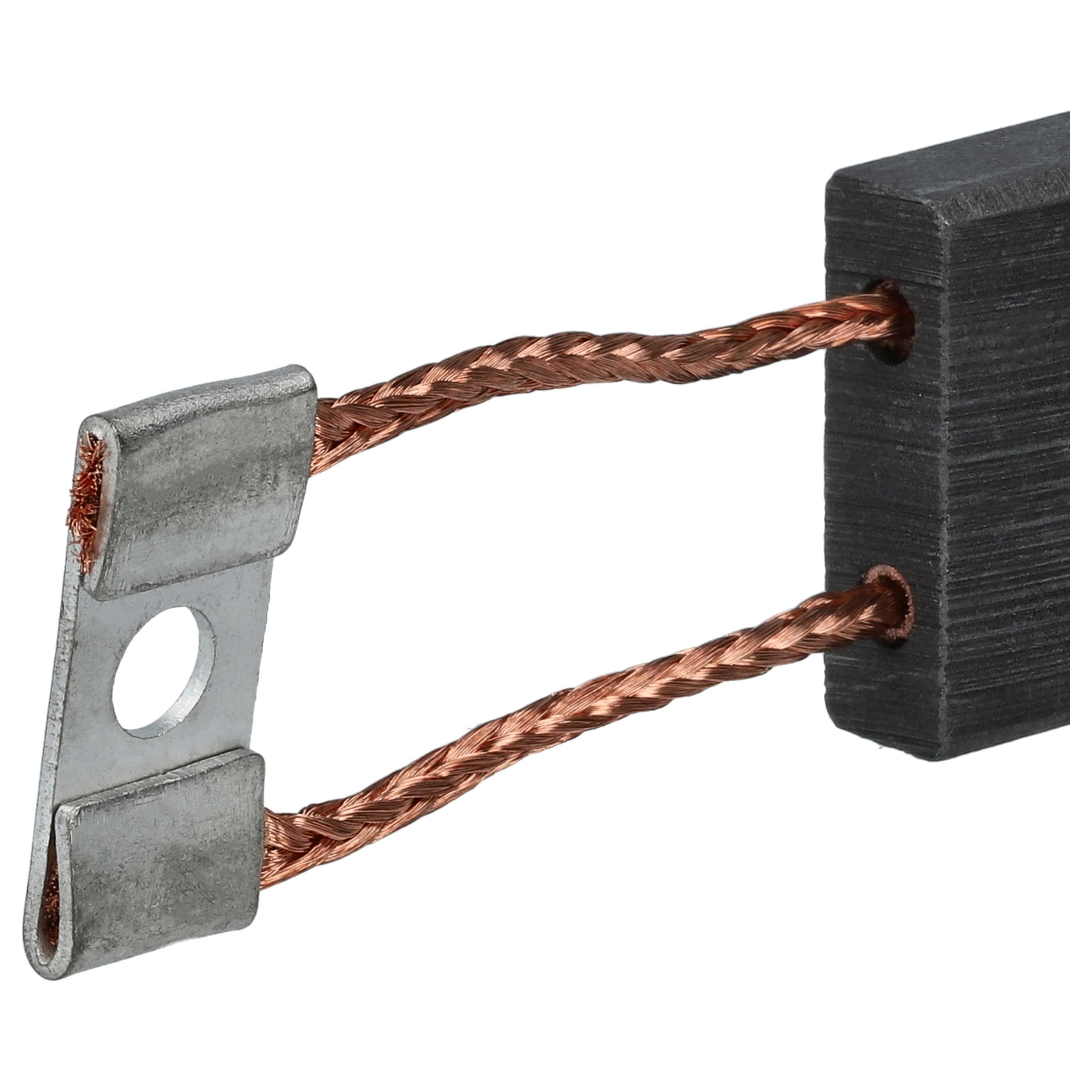 Eine Komponente mit einem dunklen rechteckigen Block, Kupferdrähten und einem Metallverbinder mit Loch.