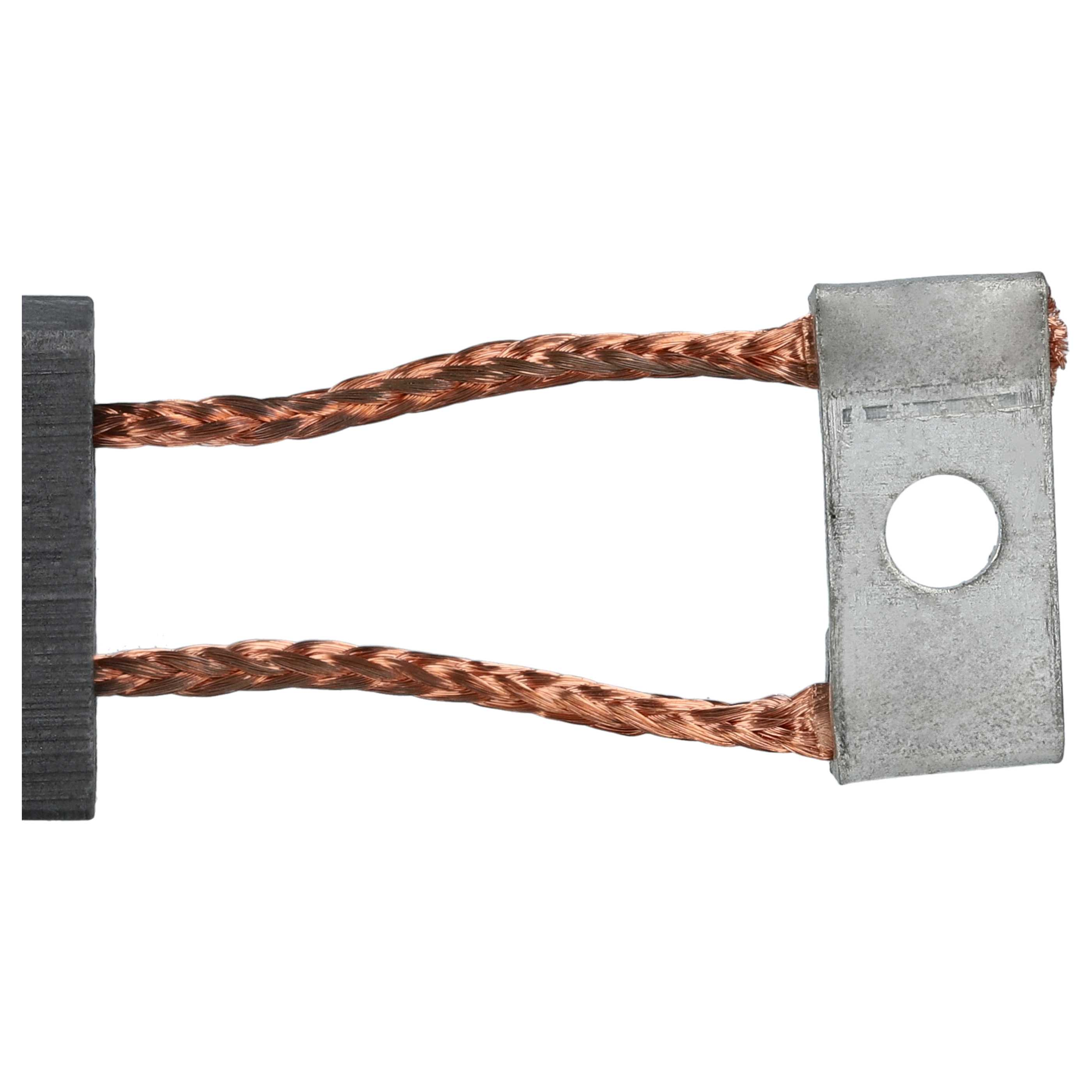 Eine elektrische Komponente auf weißem Hintergrund. Sie hat ein Kupferkabel, ein graues Metallteil mit einem Loch und ein schwarzes Endstück.