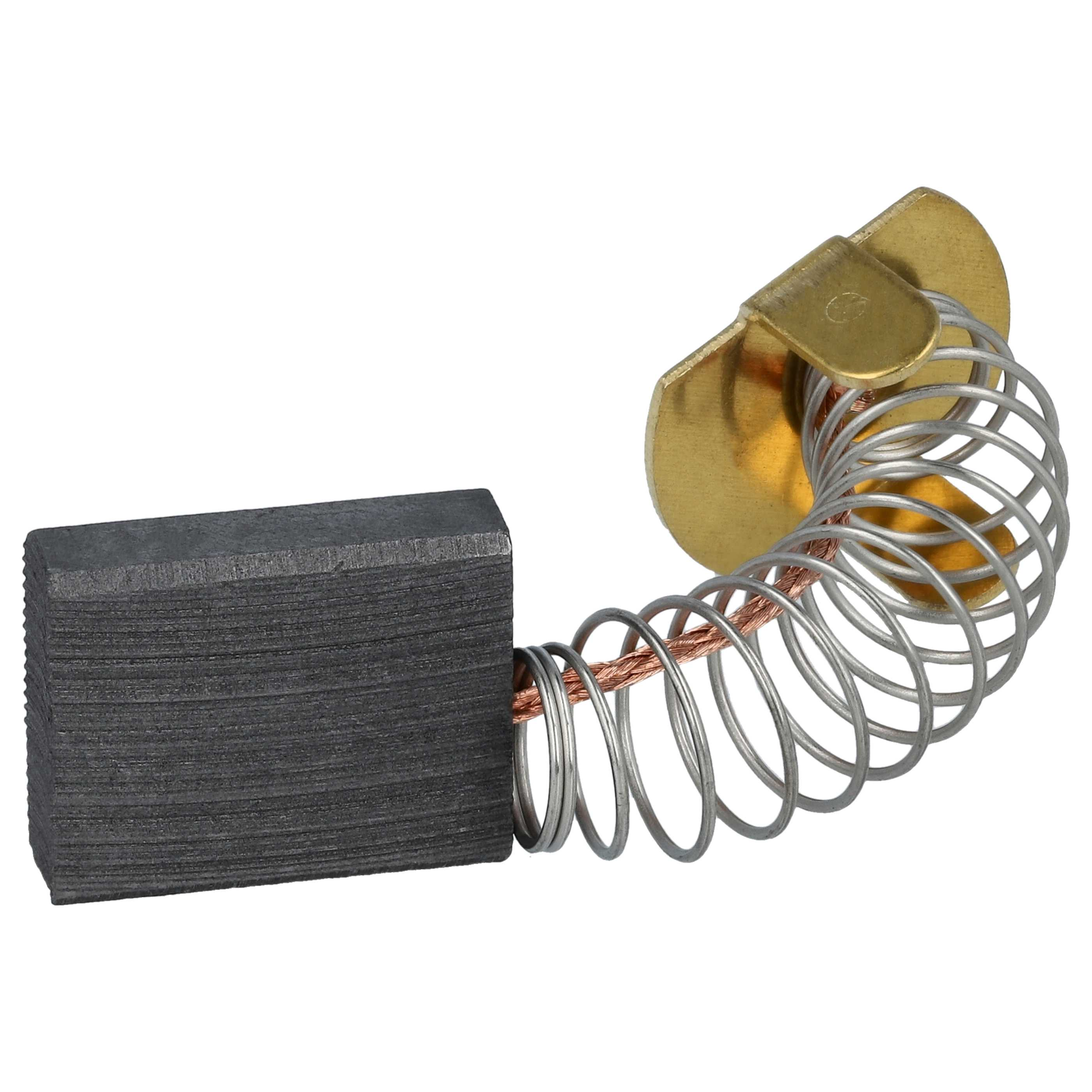 Ein Kohlebürste mit Feder und Metallkontakt. Die Bürste ist dunkelgrau, die Feder silbern und der Kontakt goldfarben.