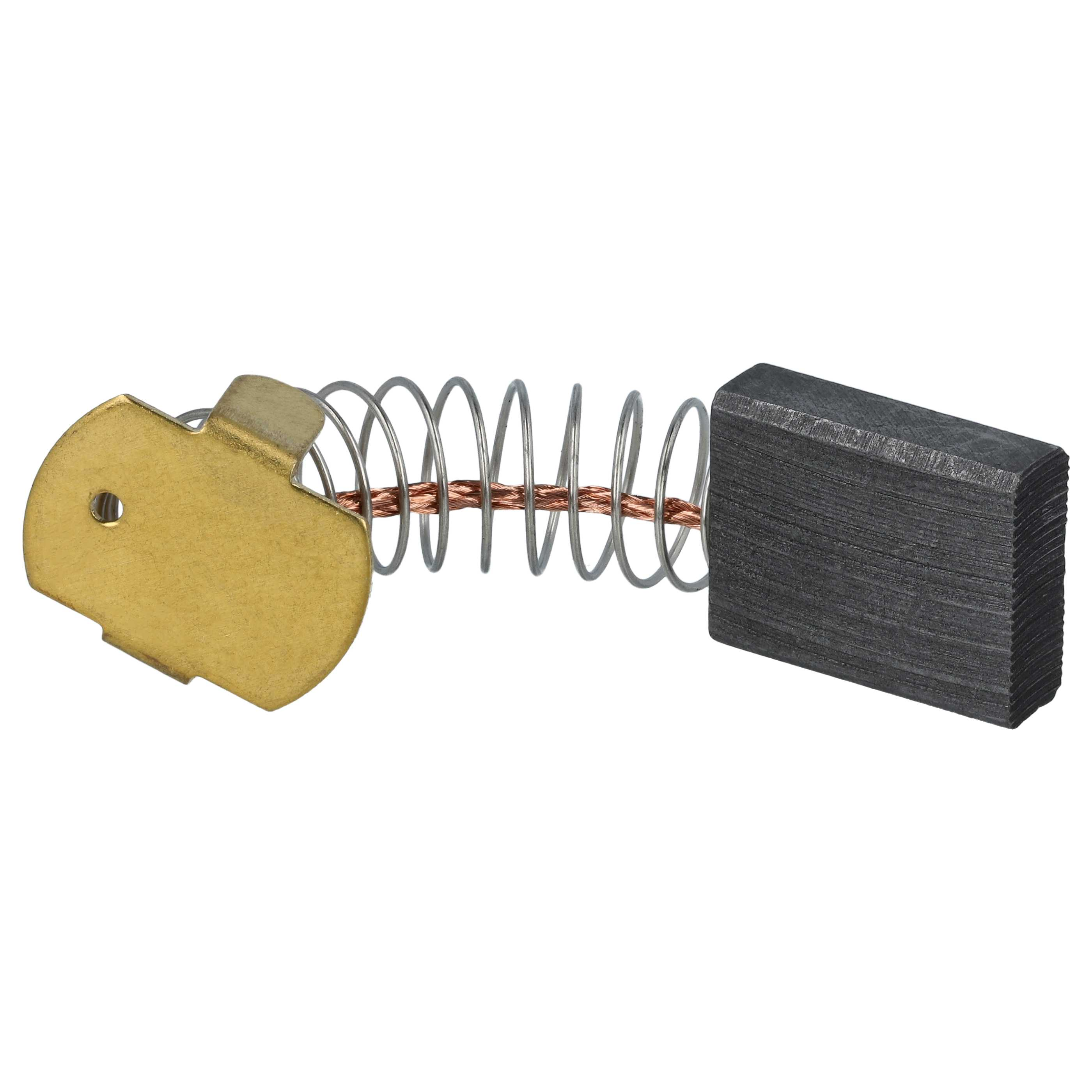 Kohlebürstenbaugruppe auf Weiß. Es hat einen goldfarbenen Stecker, eine Feder und einen schwarzen Kohleblock.