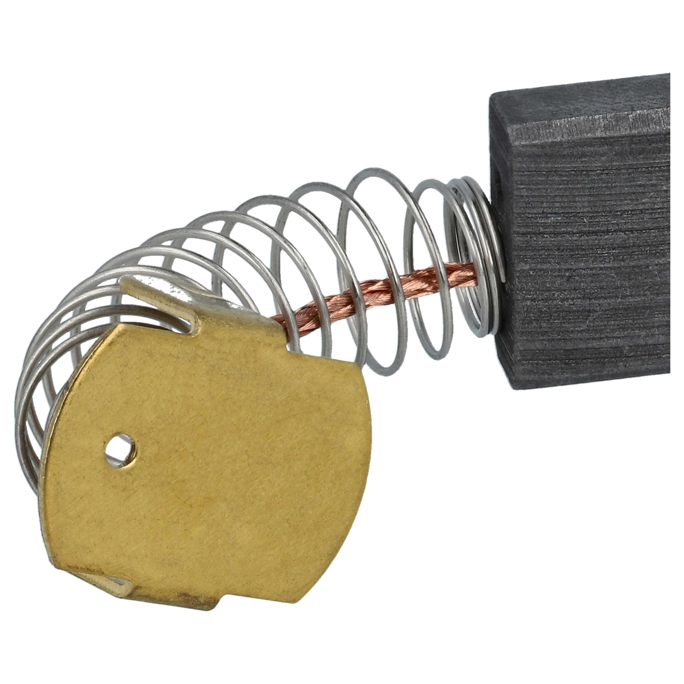 Eine metallische Komponente mit einer goldenen Platte, einer Feder und einem dunklen rechteckigen Block. Die Feder hält einen Kupferdraht.