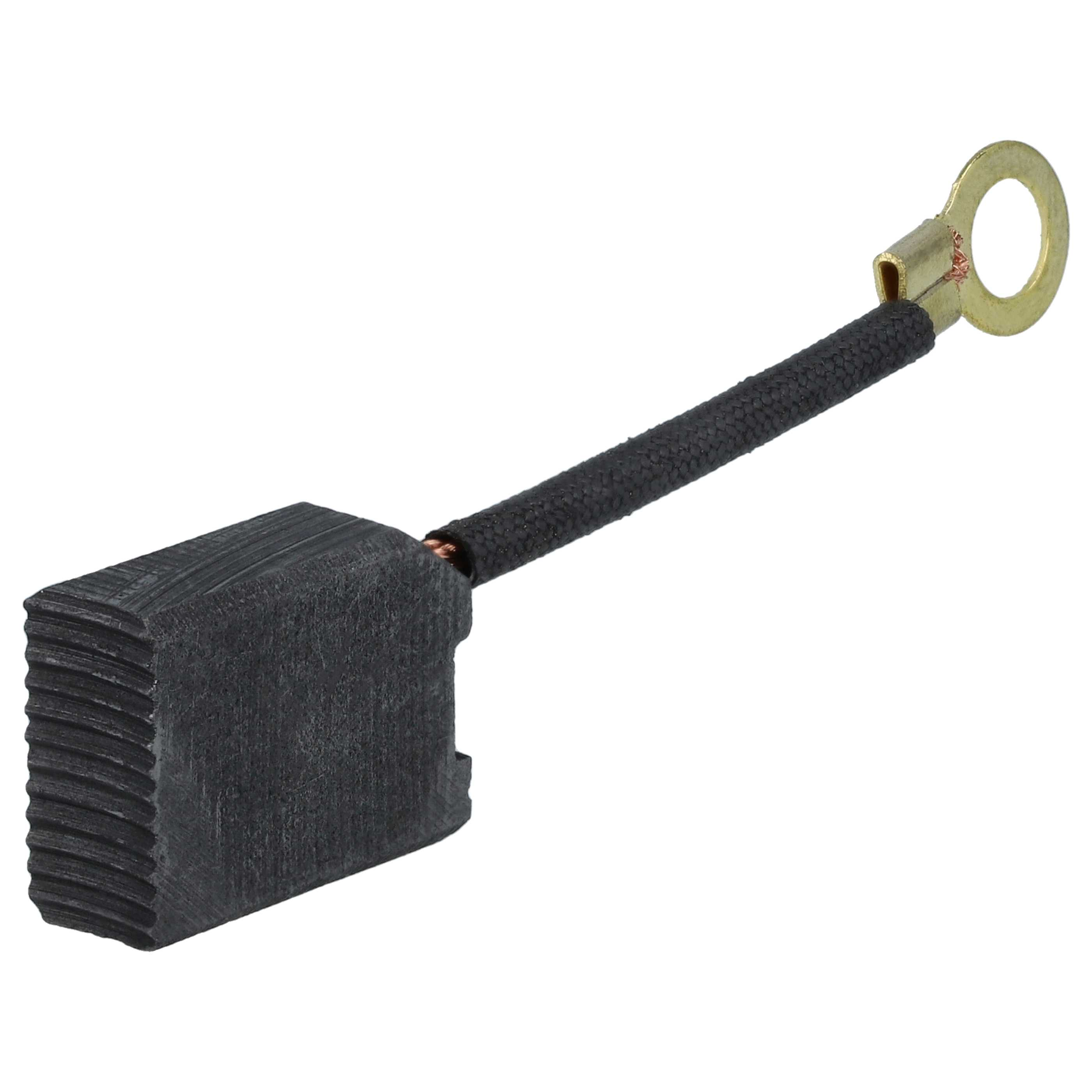 Ein Kohlebürste mit schwarzem rechteckigen Block, geflochtenem Kabel und Ringkabelschuh.