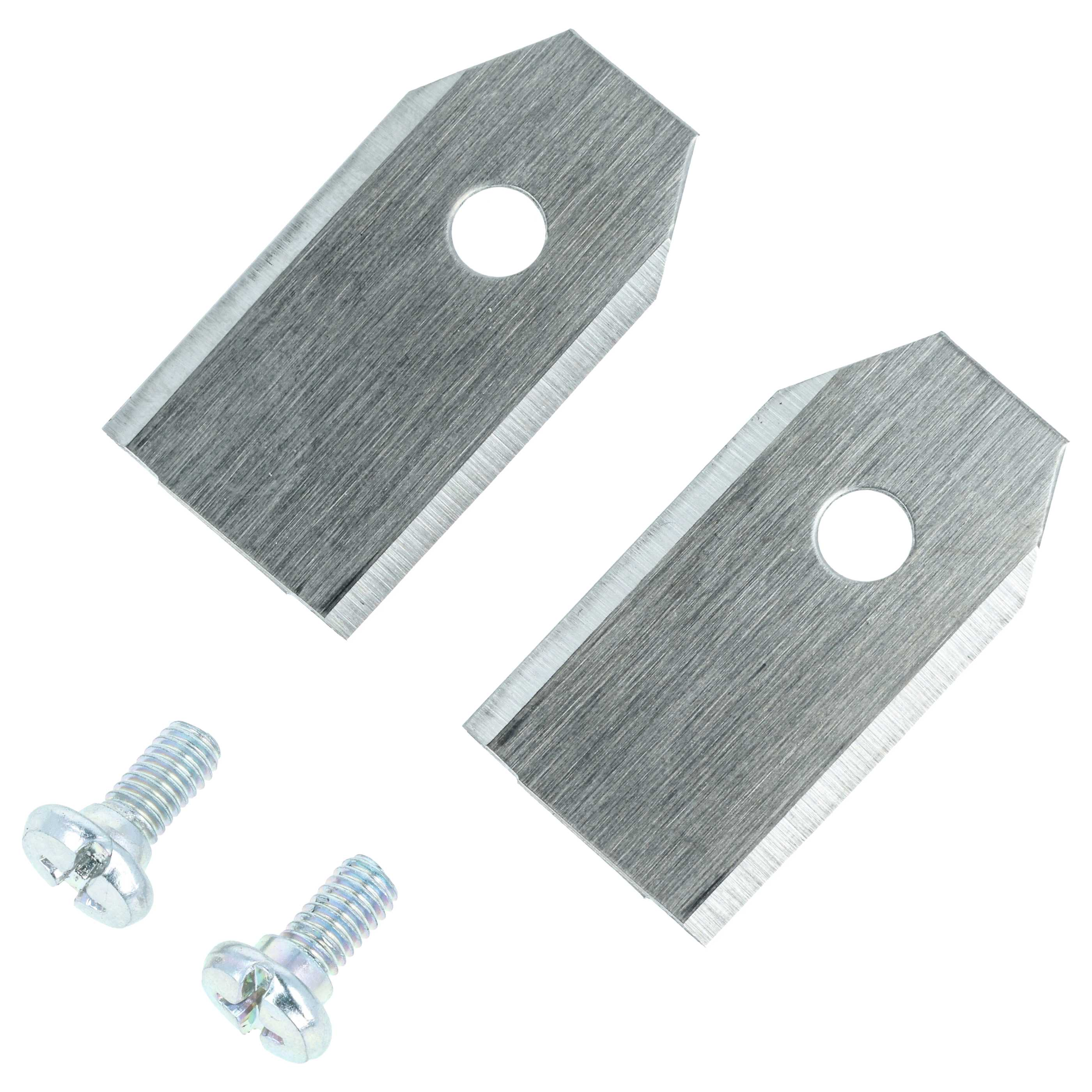 Zwei Metallklingen und zwei Schrauben auf weißem Hintergrund. Klingen sind silberfarben mit Löchern. Schrauben sind silberfarben.