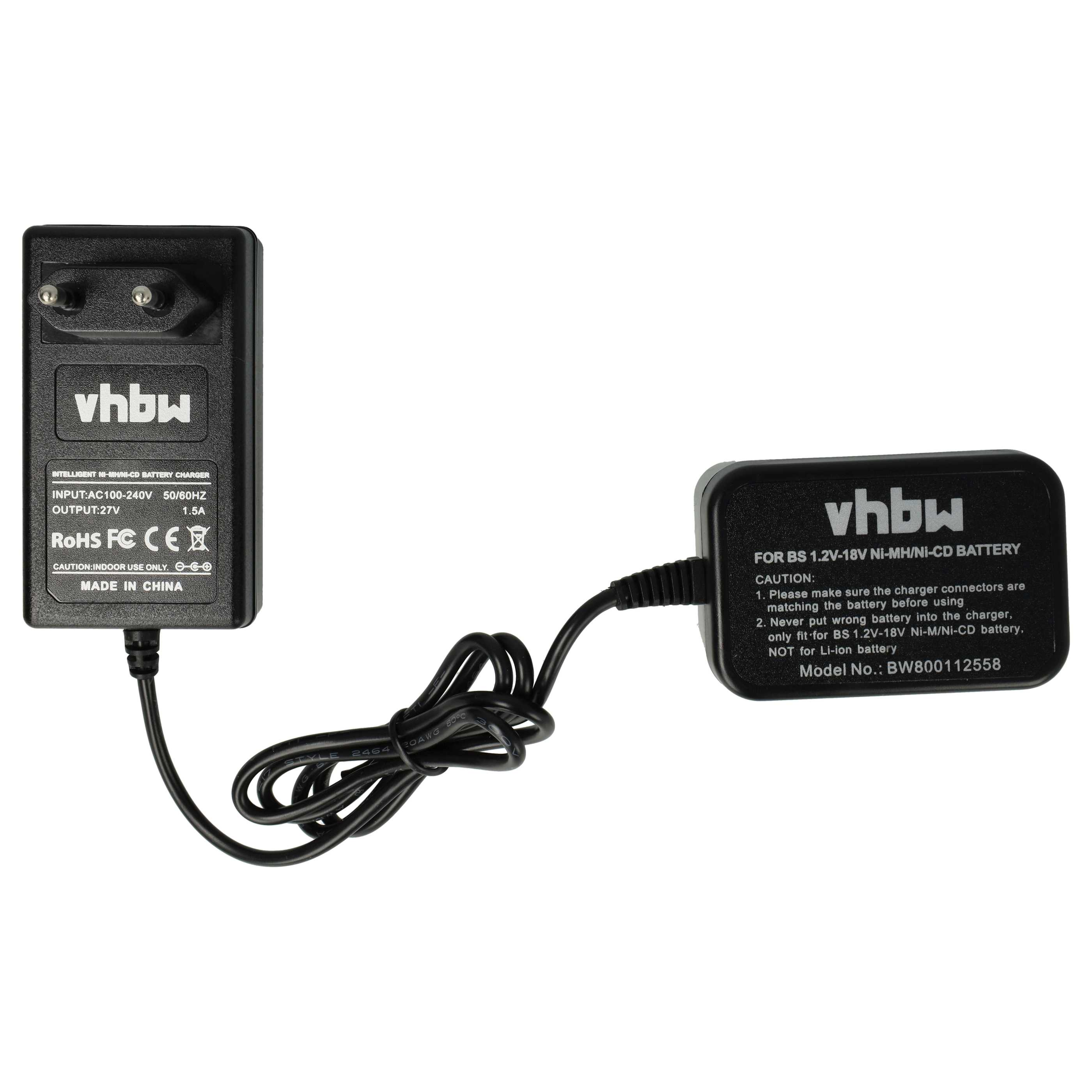 Schwarzes Ladegerät mit Stecker und Anschluss, verbunden durch ein schwarzes Kabel. Das Ladegerät hat den Text 'vhbw'.