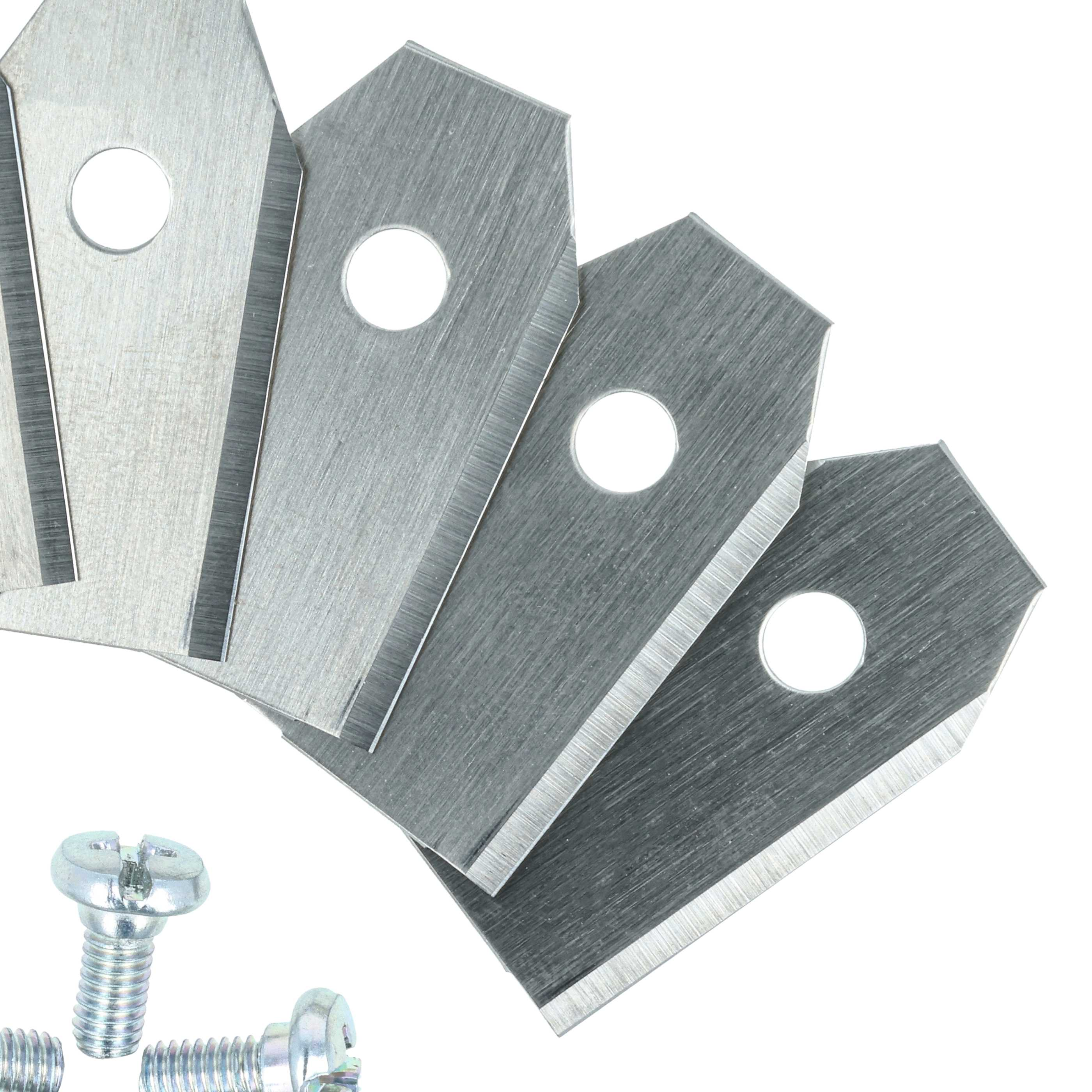 Nahaufnahme von Metallklingen mit Schraubköpfen. Klingen haben Löcher und sind silberfarben. Schrauben sind silberfarben.