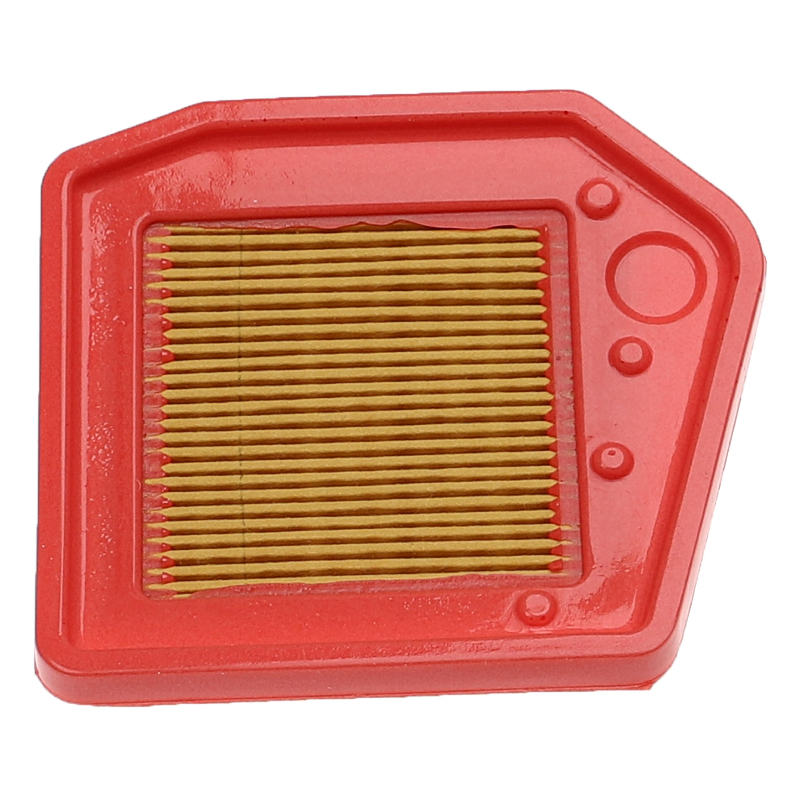 Roter Luftfilter mit gelbem Filtermaterial. Der Filter ist rechteckig mit abgerundeten Kanten und hat einige Löcher und Kreise.