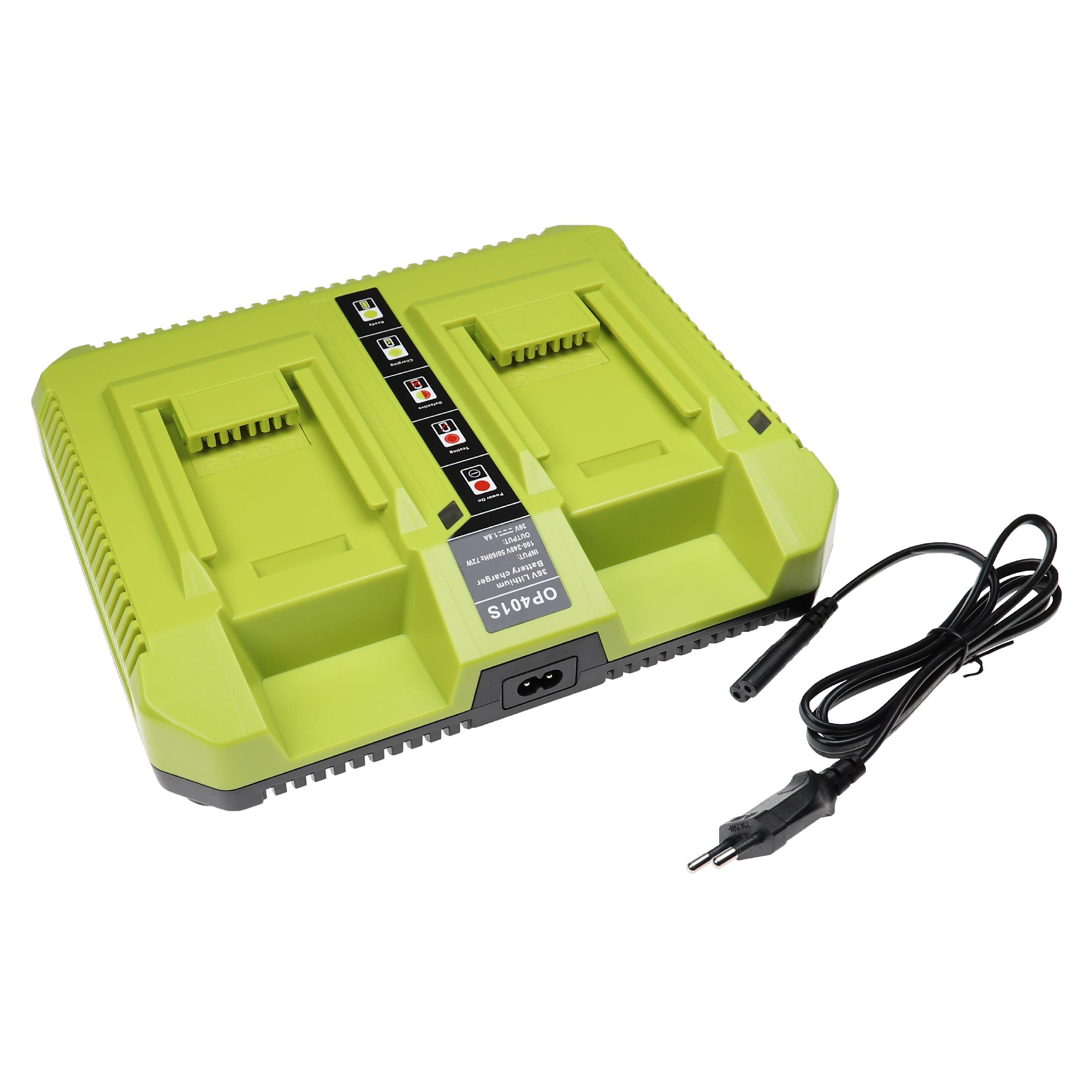 Ein grünes Batterieladegerät, Modell OP401S, mit einem schwarzen Netzkabel und Stecker. Es hat Kontrollleuchten und Ladeschlitze.