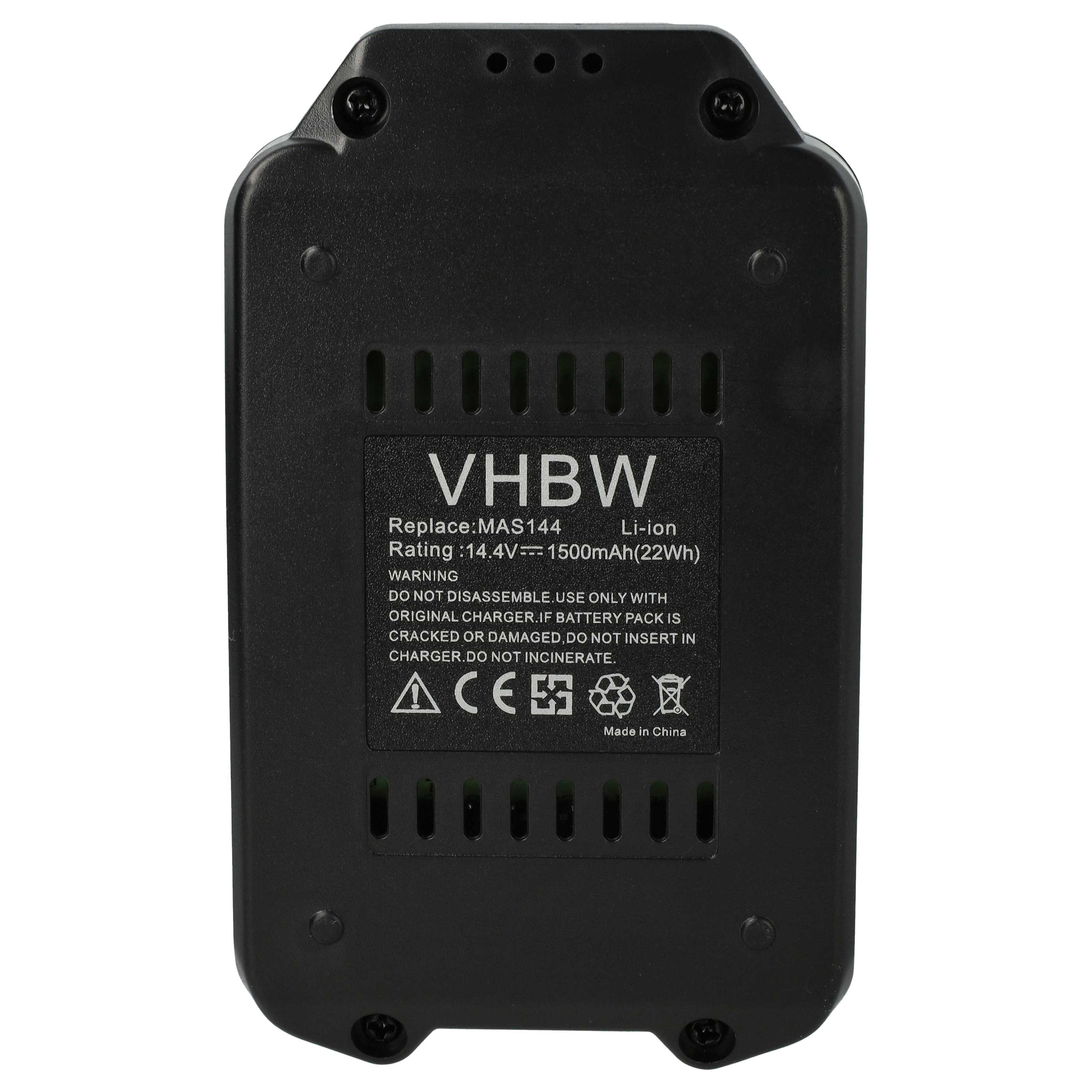 Schwarzer VHBW-Akku. Text: Ersetzen: MAS144, Li-Ion 14,4 V 1500 mAh. Warnhinweis mit Symbolen und Text.