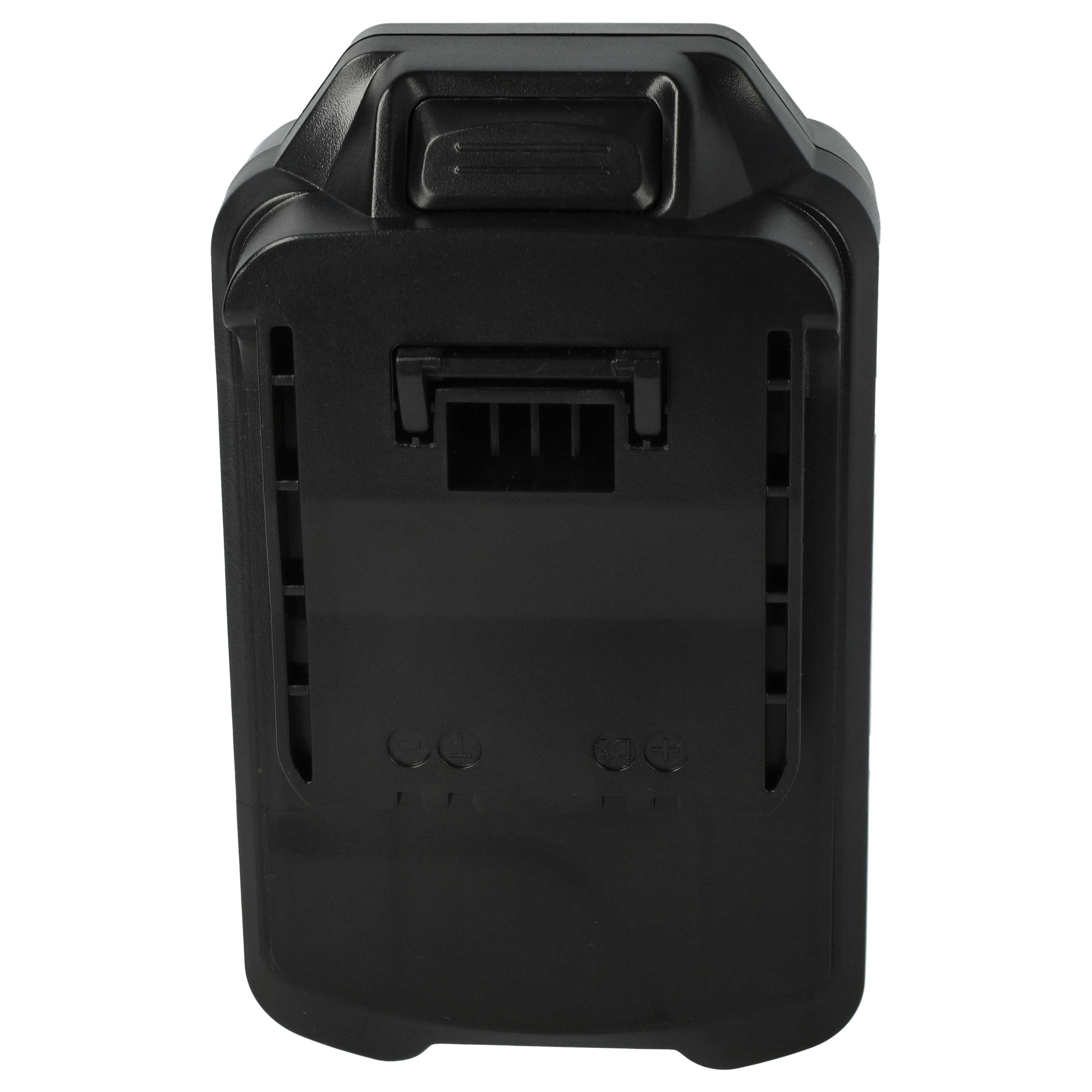Ein schwarzes Batteriepack vor weißem Hintergrund. Es hat eine rechteckige Form mit Griff und Markierungen.