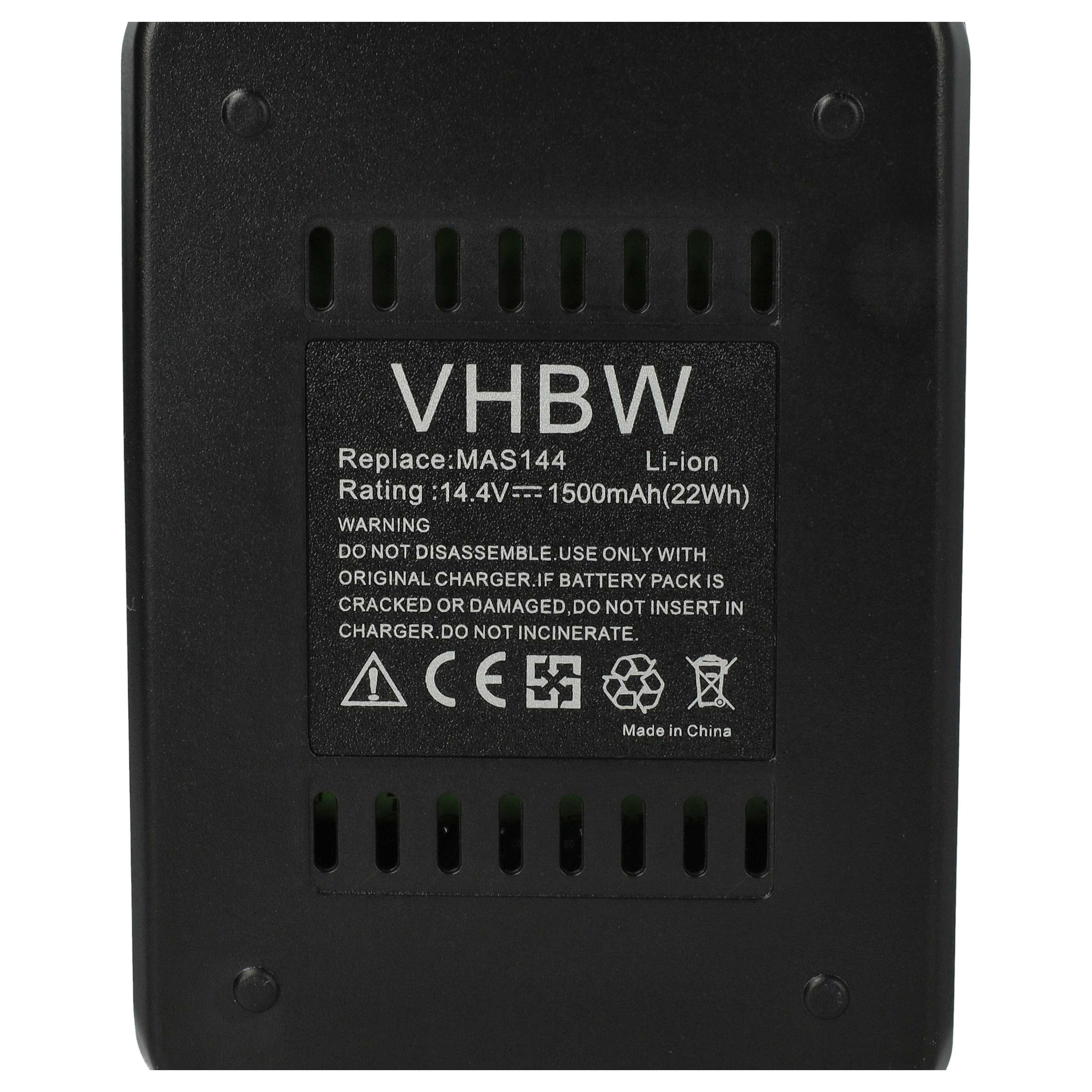 Schwarzer VHBW-Akku mit Text, Warnungen und Symbolen. Er hat Luftschlitze und ist mit Made in China beschriftet.