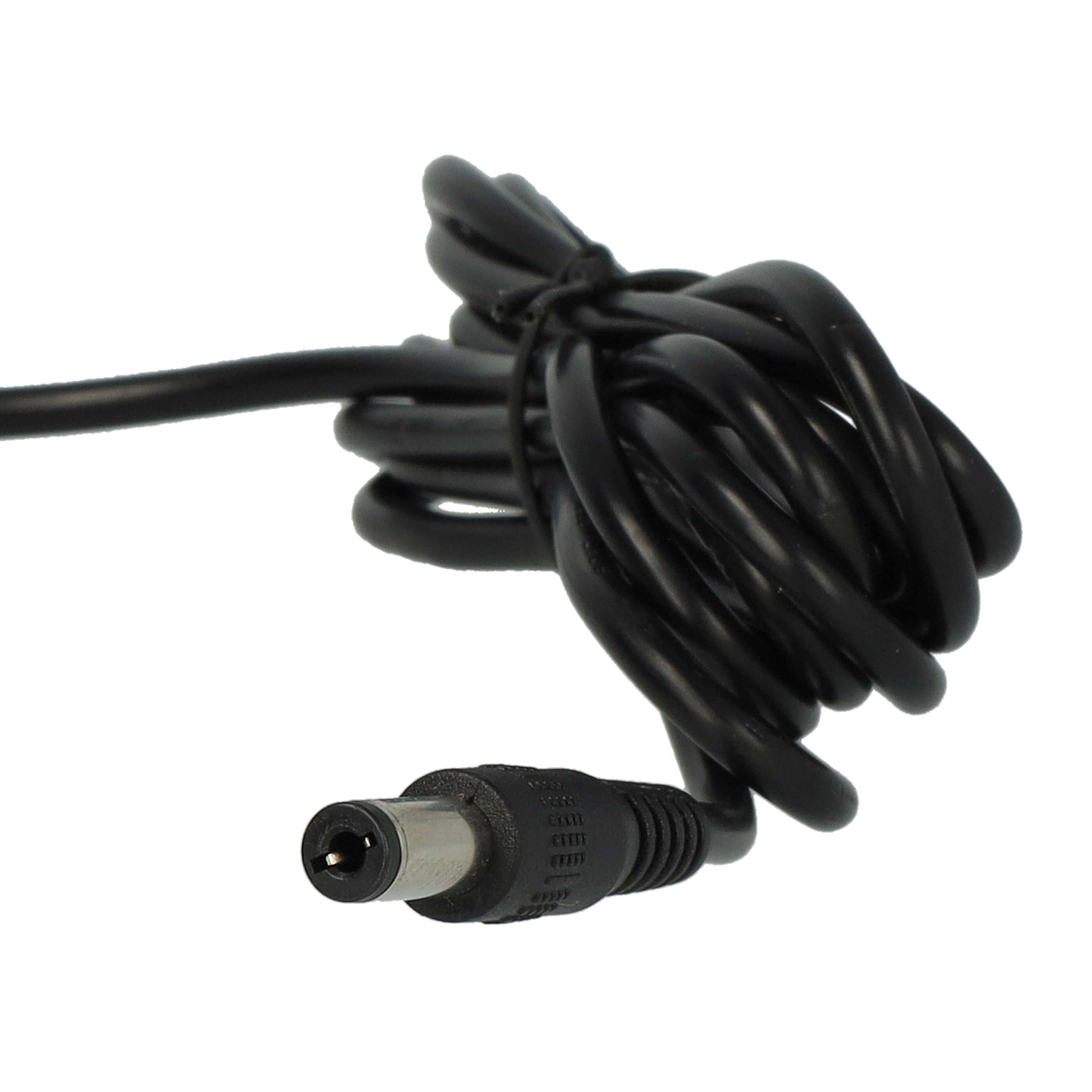 Ein schwarzes Netzkabel, gebündelt, mit einem Gleichstromanschluss auf weißem Hintergrund.