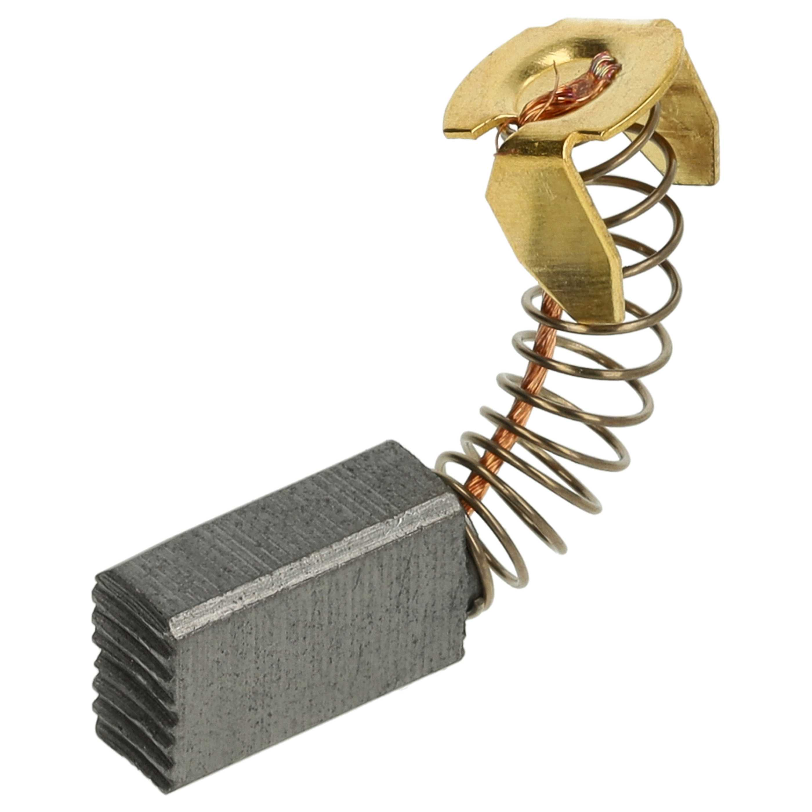 Ein Kohlebürste, ein goldfarbenes Metallteil und eine Kupferfeder sind verbunden. Der Hintergrund ist weiß.