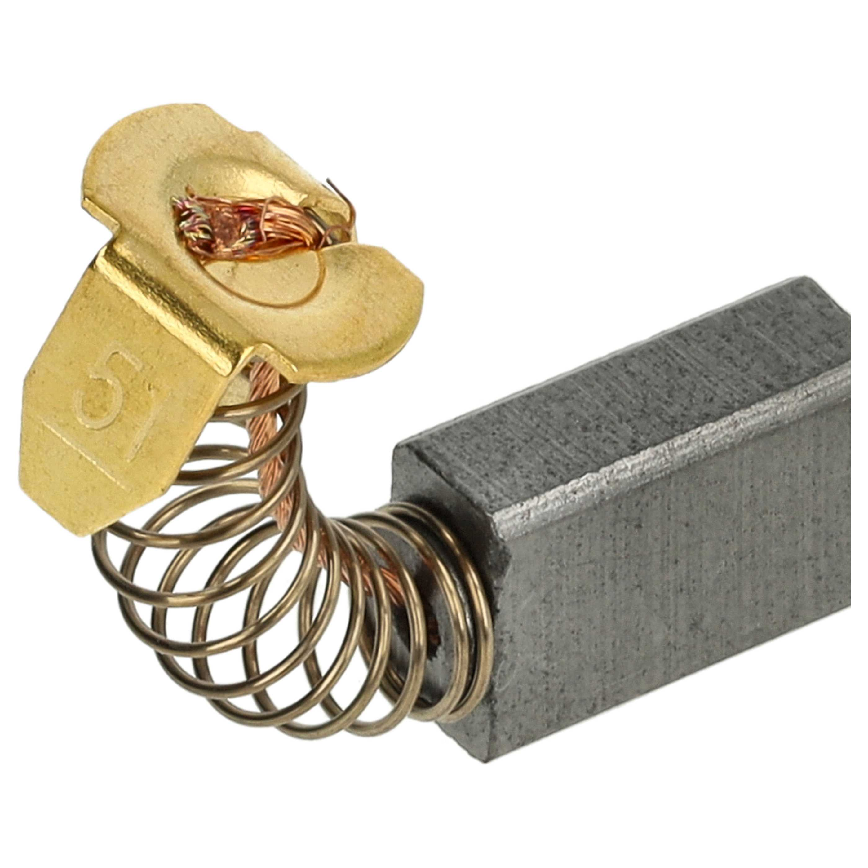 Nahaufnahme einer Kohlebürste von einem Elektrowerkzeug. Sie hat einen goldfarbenen Kontakt und einen grauen Kohleblock.