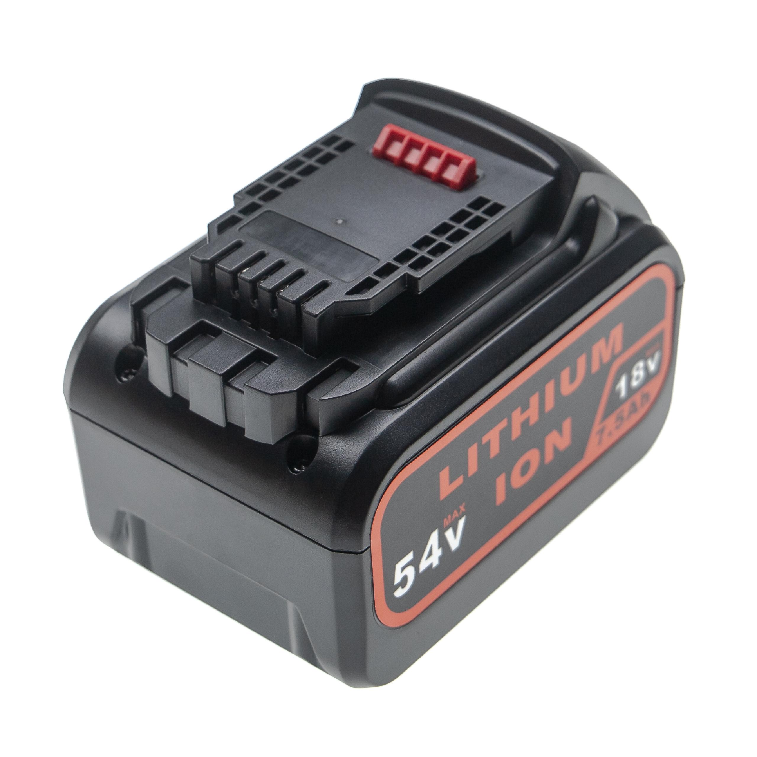 Schwarzer und roter Lithium-Ionen-Akkupack. Auf dem Etikett steht 'LITHIUM ION 18V 7.5Ah MAX 54V'.
