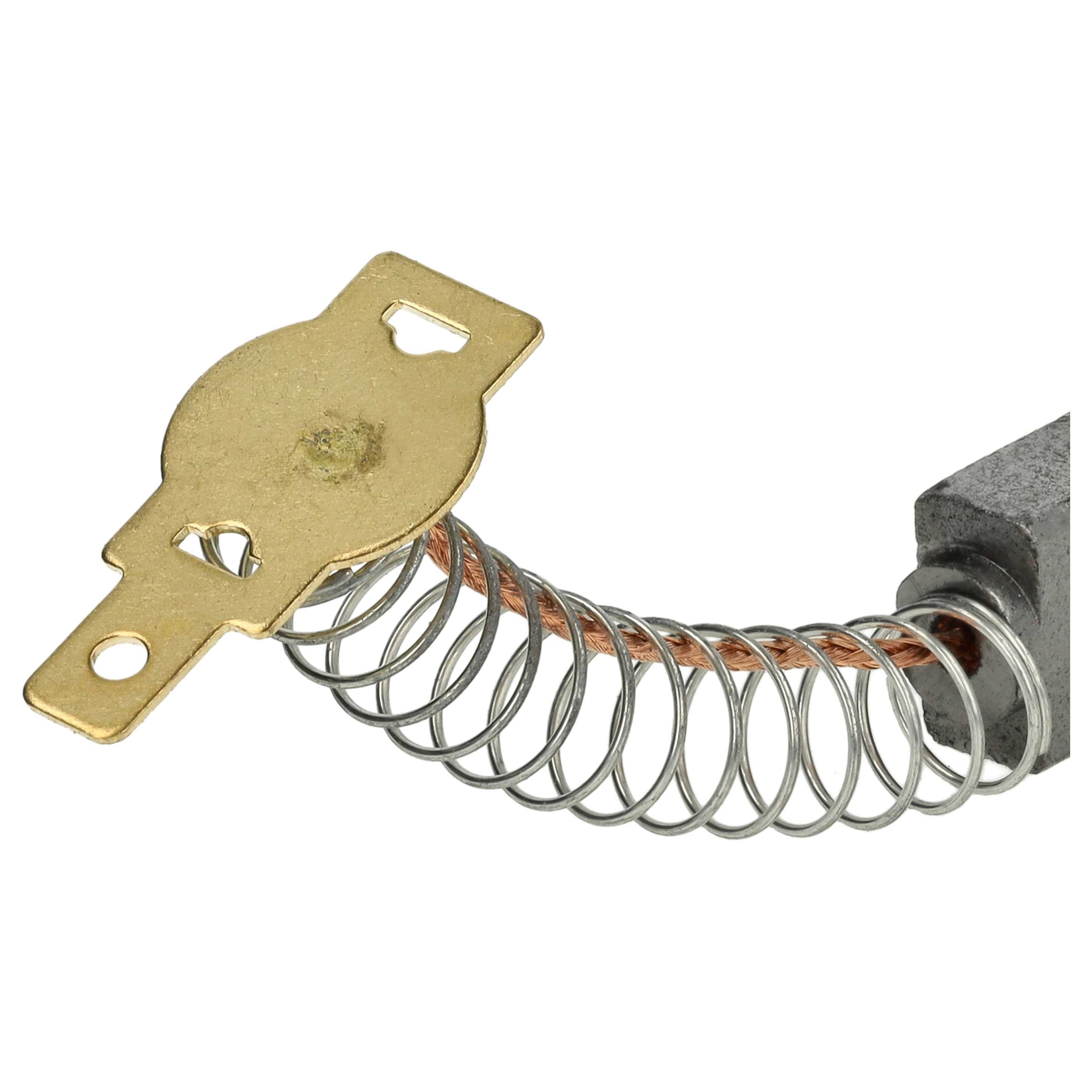 Eine Komponente mit einem messingfarbenen schlüsselartigen Teil, einer Spiralfeder und einem grauen Metallteil, vor weißem Hintergrund.