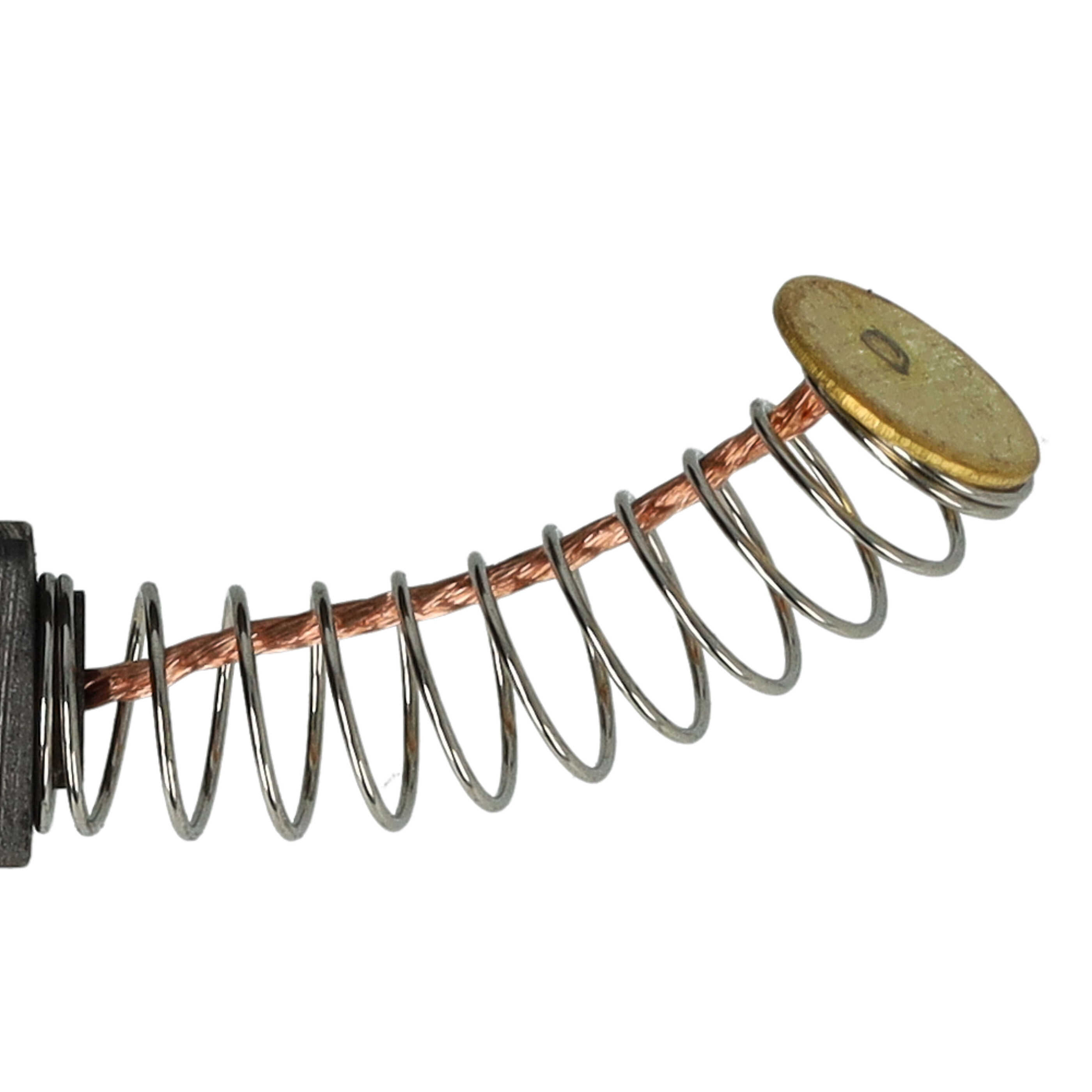 Eine Federbaugruppe mit einem Kupferdrahtkern und einer Metallscheibe am Ende. Die Feder ist silberfarben, der Hintergrund ist weiß.