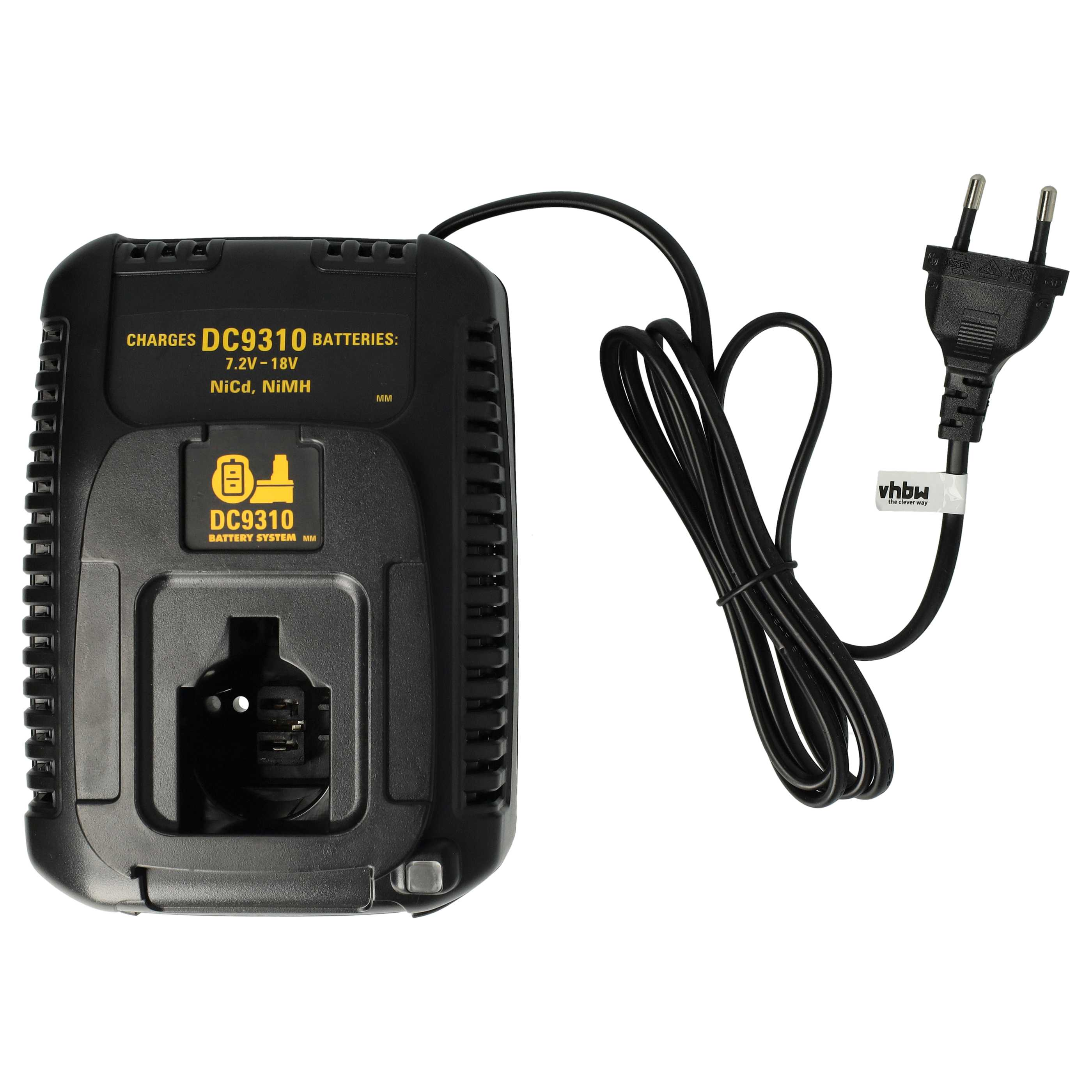 Schwarzes Batterieladegerät mit Netzkabel und Stecker. Auf dem Ladegerät steht 'DC9310 BATTERIEN: 7.2V-18V'.