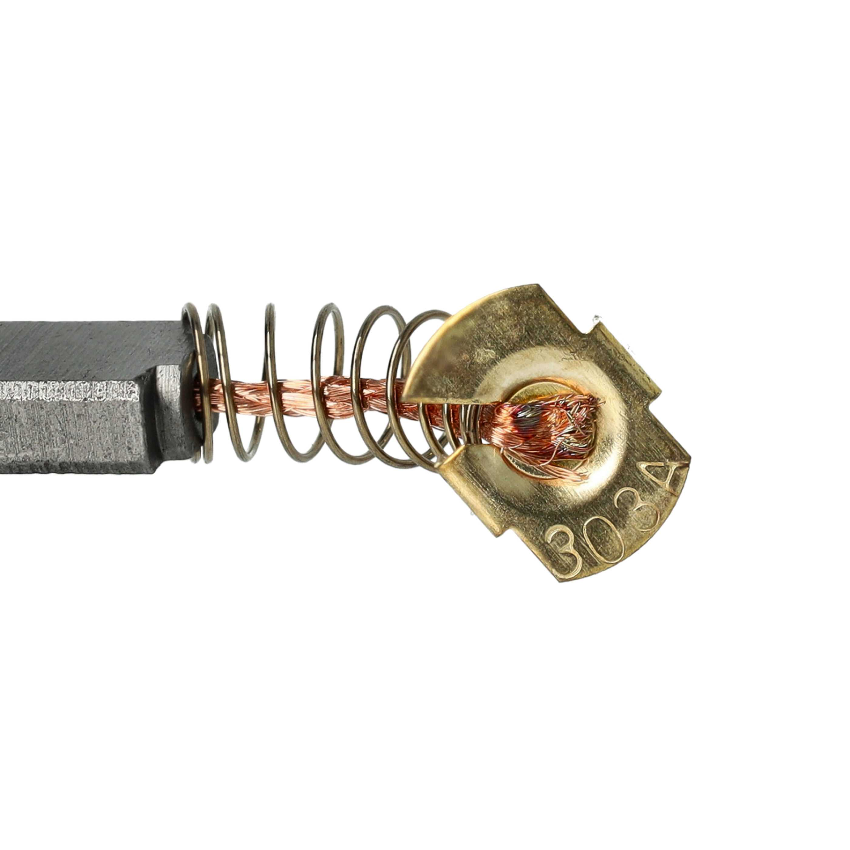 Nahaufnahme einer Motorbürste. Es hat einen Metallkontakt, Kupferdraht, eine Feder und einen Messinganschluss mit Zahlen.