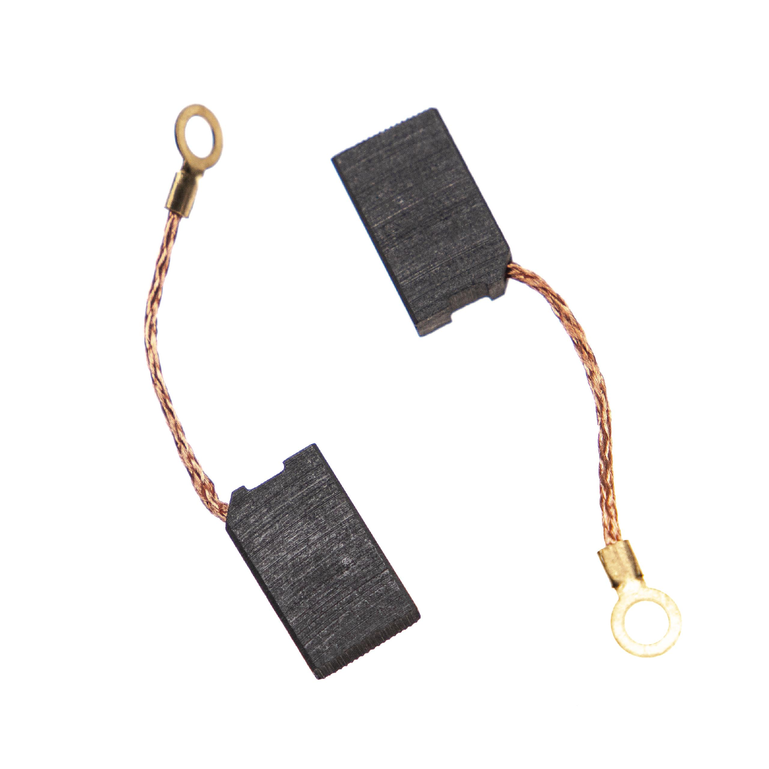 Zwei schwarze Kohlebürsten, verbunden mit Kupferdrähten und goldfarbenen Ringkabelschuhen, vor weißem Hintergrund.