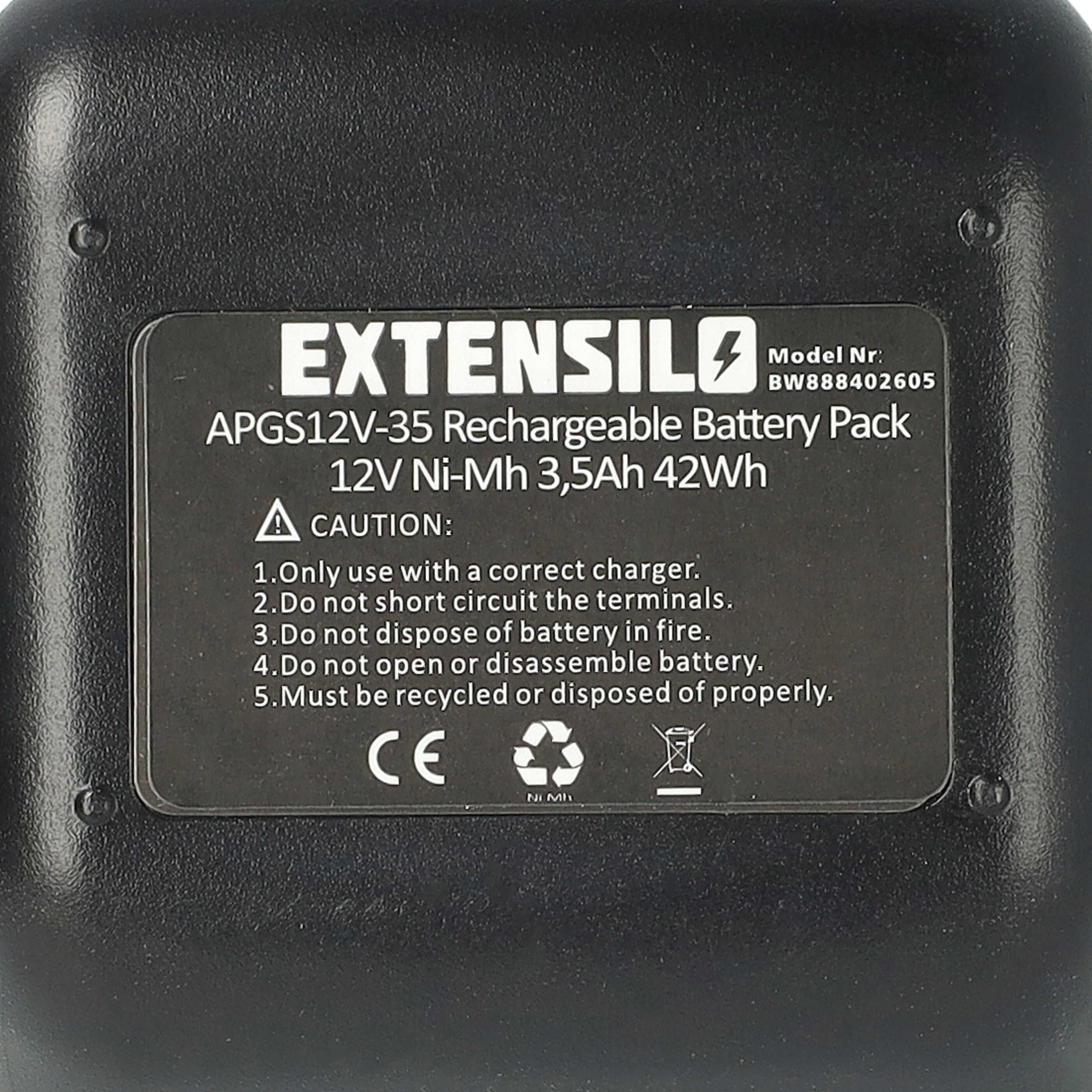 Schwarzer Akku mit weißem Text: Marke EXTENSILO, Modellinformationen, Vorsichtshinweise, CE-Symbol und Recycling-Symbol.