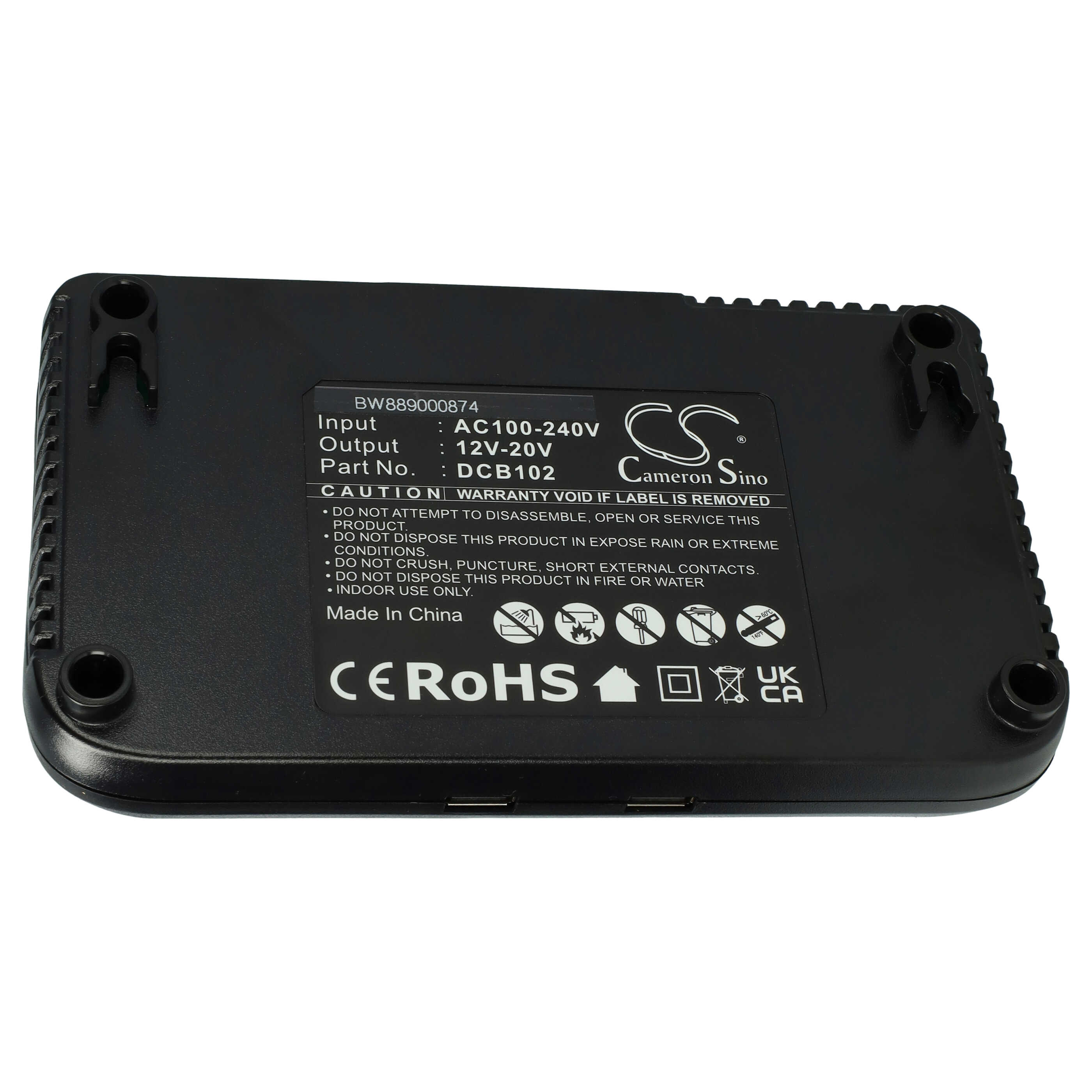 Schwarzes elektronisches Gerät mit Text, Warnhinweisen und Zertifizierungen. Es hat Anschlüsse und ein Etikett.