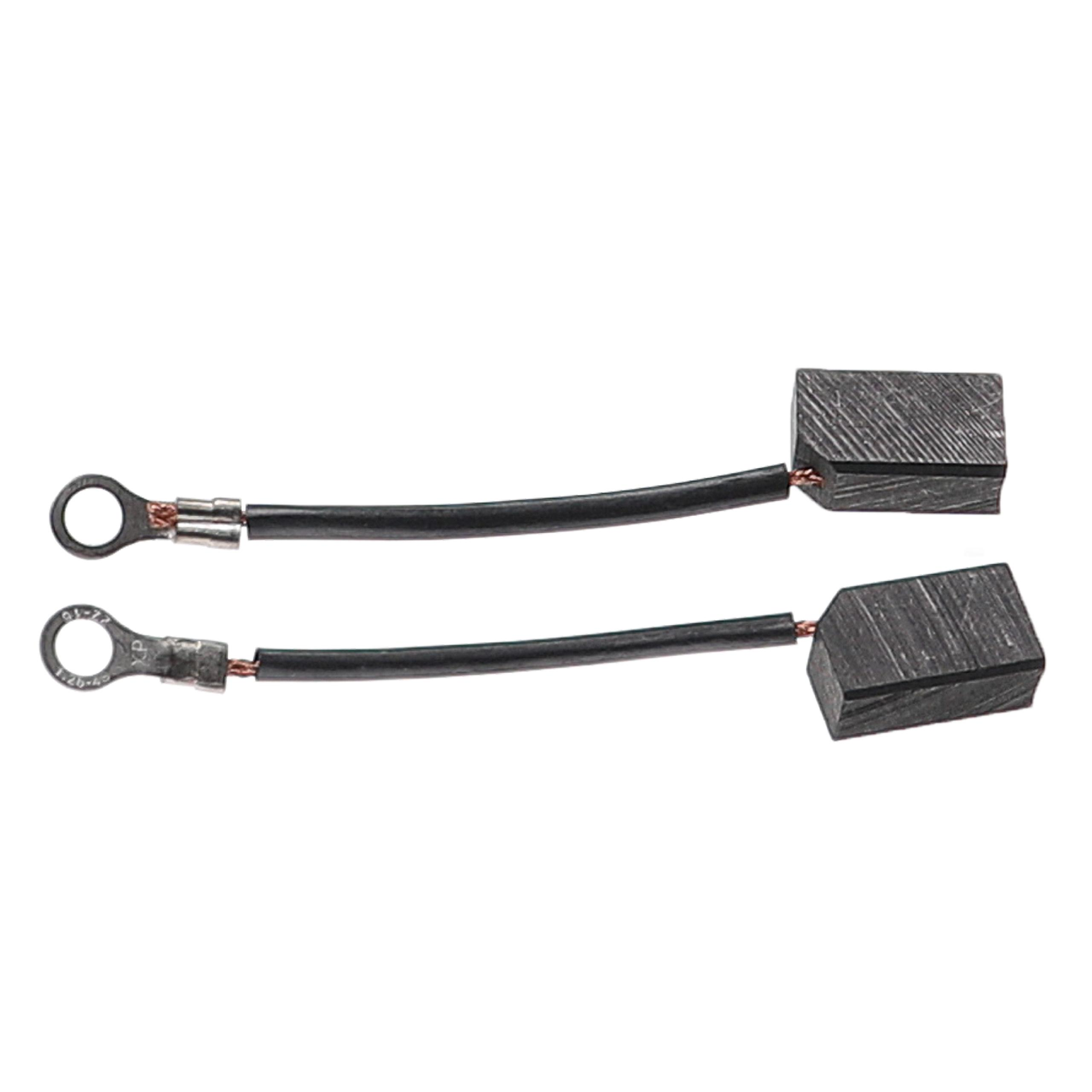 Zwei schwarze Kohlebürsten, jede mit Ringkabelschuh und rechteckigem Kohleblock.